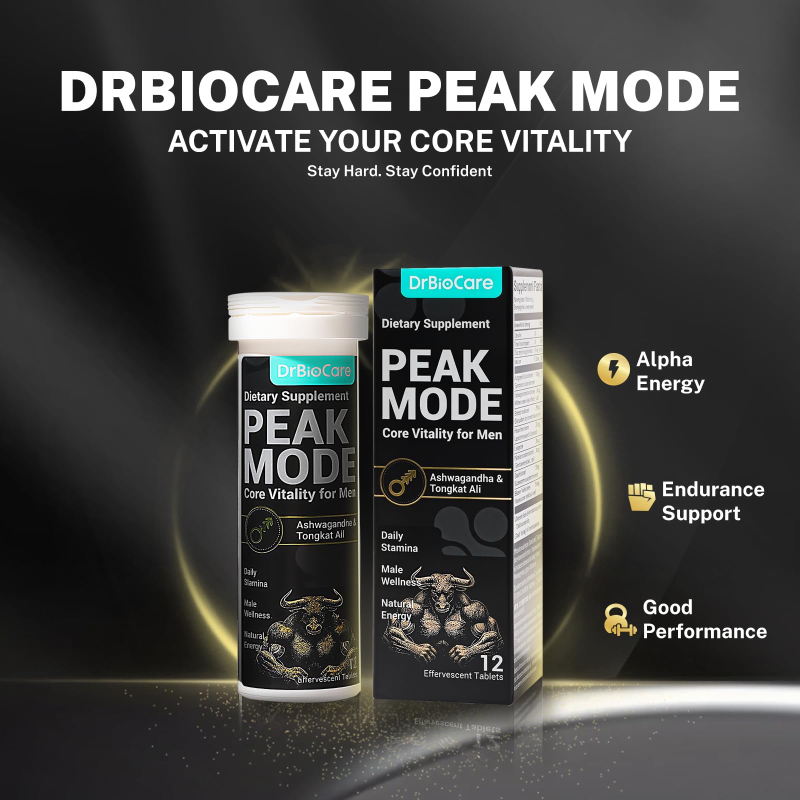 DrBioCare Peak Mode Core Vitality for Men 7-in-1 Effervescent Tablets | Tongkat Ali, Maca & L-Arginine，Ashwagandha, | Boost Stamina, Drive & Blood Flow for Good Performance | Berry Flavor 12 Tablets DrBioCareAu supplements