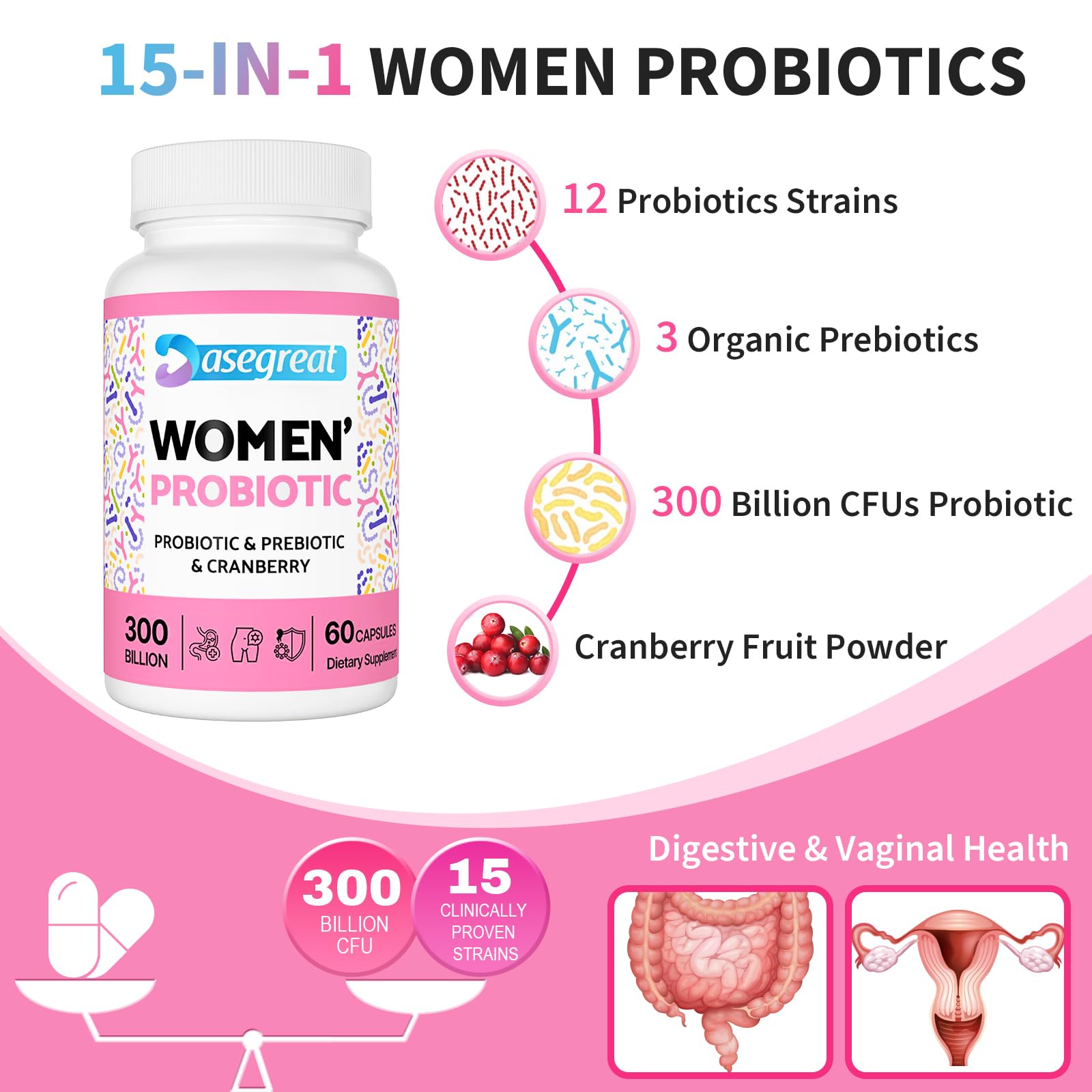 300 Billion CFUs Probiotics for Women,12 Strains Probiotics with Prebiotic Cranberry HeafetineAu supplements