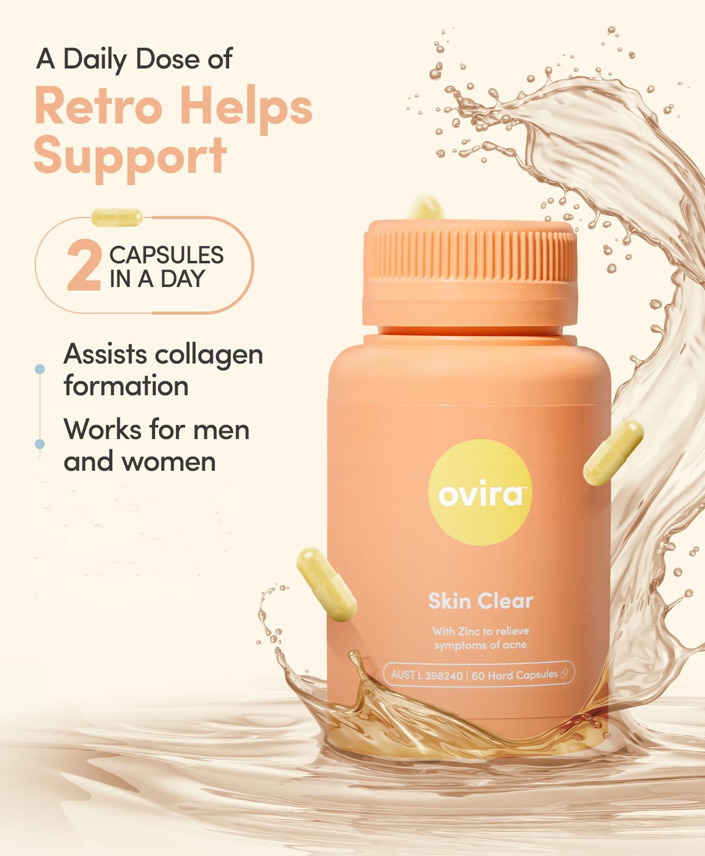 Ovira Skin Clear with ZINCBRIGHT - 60 Capsules for Clear and Glowing Skin | Rosacea & Hormonal Acne Treatment | Support Collagen Production | Acne Supplements for Women & Men - Pack of 2 OviraAu supplements