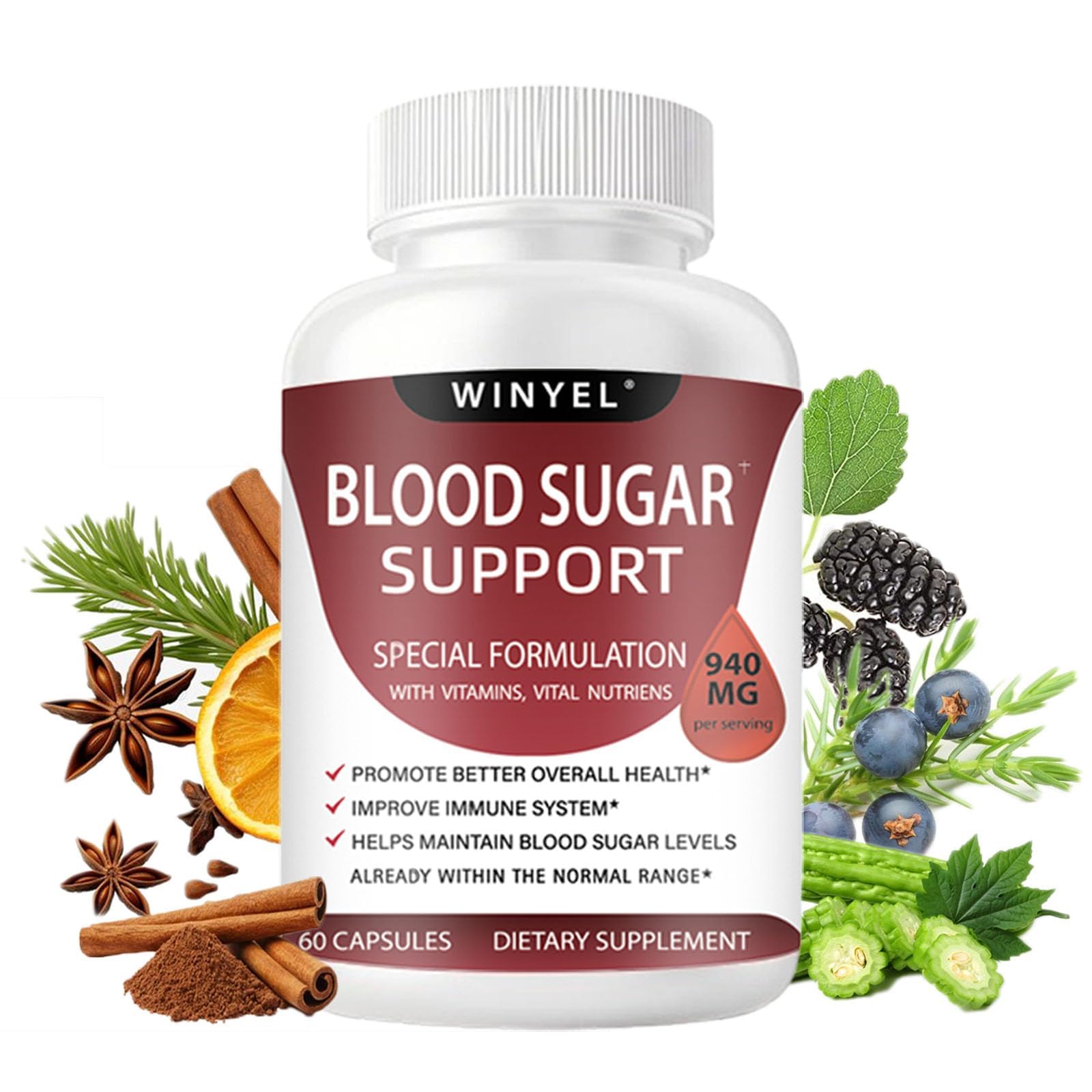 WINYEL Blood Sugar Complex Supplement - with Cinnamon, Bitter Melon, Chromium, Mulberry, Alpha Lipoic Acid, 60 Capsules WINYELAu supplements