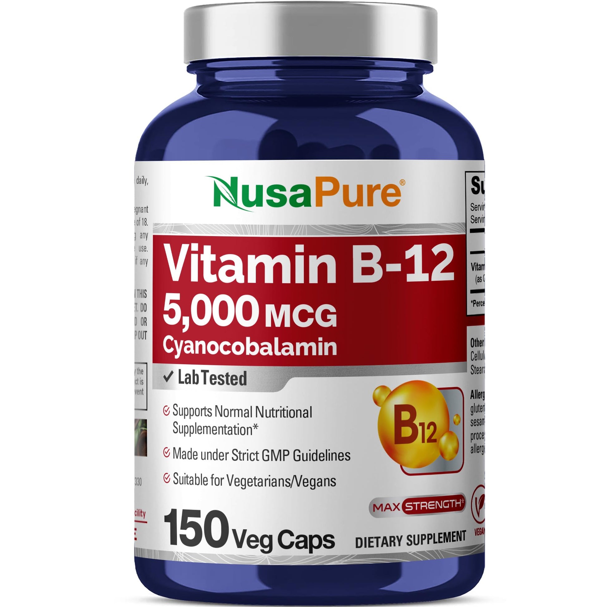 NusaPure Vitamin B12-5000 MCG 150 Veggie Capsules (Non-GMO, Vegan) - Max Strength Vitamin B12 NusaPureAu supplements