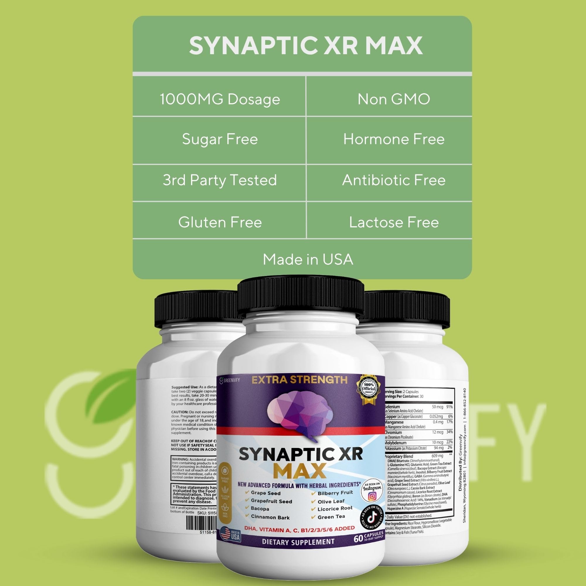 GREENVIFY Synaptic XR Max Extra Strength Brain Support Supplement with Herbal Ingredients, 60 Capsules, DHA Vitamins, Nootropic Formula (1) GREENVIFYAu supplements