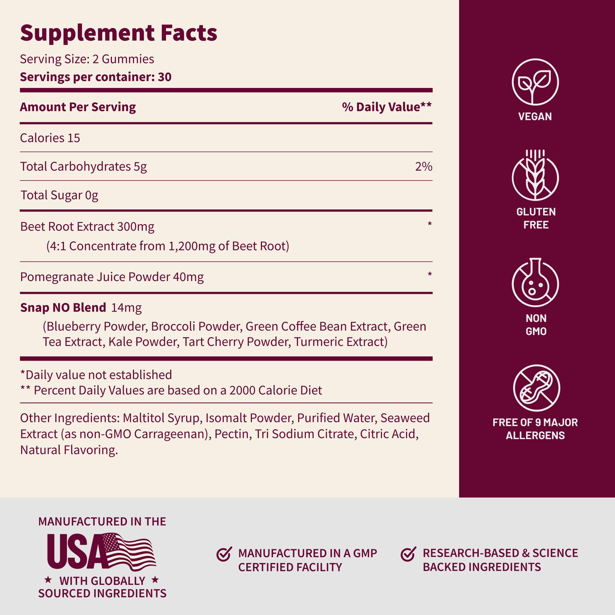 Snap Supplements Nitric Oxide Gummies - Beet Root Extract 300mg, Sugar Free Beetroot Supplement with Pomegranate Powder for Circulation & Natural Energy, 60 Vegan Gummies, Cherry Flavor Snap SupplementsAu supplements