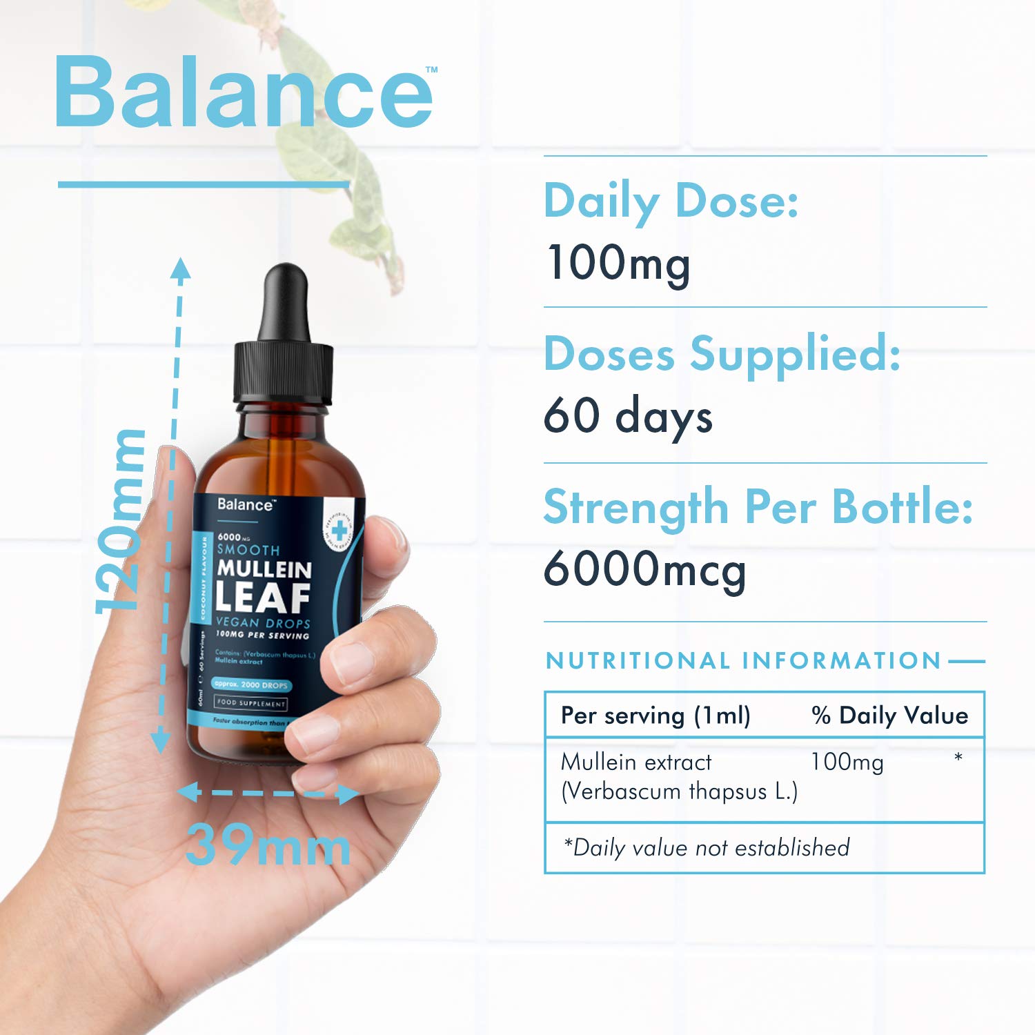 Balance Mullein Leaf Liquid Drops - 60ml for 2 Month Supply - High Strength - Vegan BalanceUS supplements