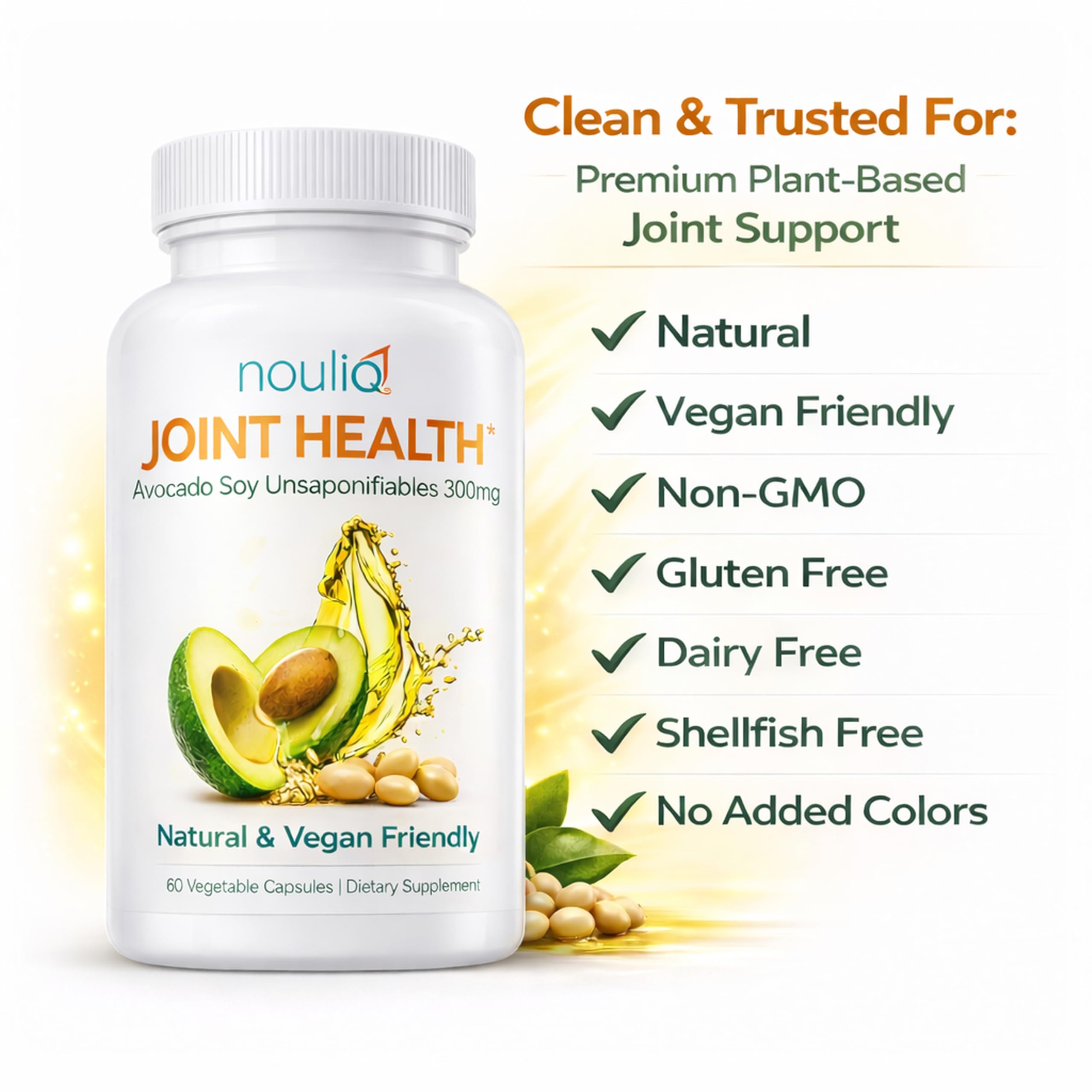 NOULIQ Natural & Vegan-Friendly Joint Health Supplement, Avocado Soy Unsaponifiables 300mg, Non-GMO, Free of Any Gluten, Artificial Colors or Flavors, Dairy and Shellfish, 60 Day Supply. NOULIQAu supplements