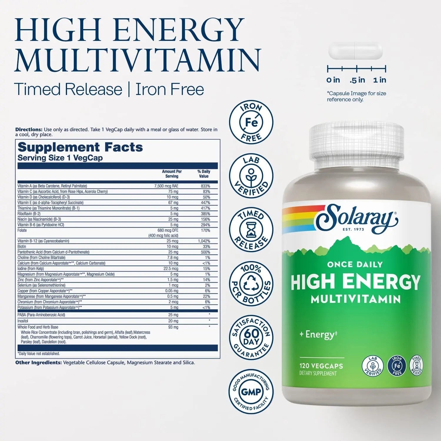 SOLARAY High Energy Multivitamin, No Iron, 1/Day, Timed-Release Formula, Whole Food & Herb Base 120 VegCaps SOLARAYAu supplements