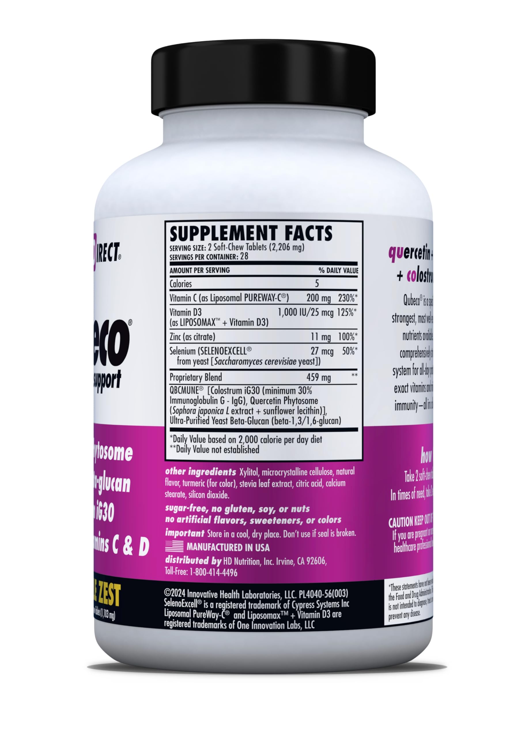 HEALTH DIRECT - Qubeco Immune Support with Vitamin D3, Liposomal Vitamin C, Quercetin, Beta-Glucan, Colostrum, Zinc, Selenium - Clinical Strength – 56 Soft Chew Tabs - 28 Day Supply - Pineapple Zest HEALTH DIRECTAu supplements