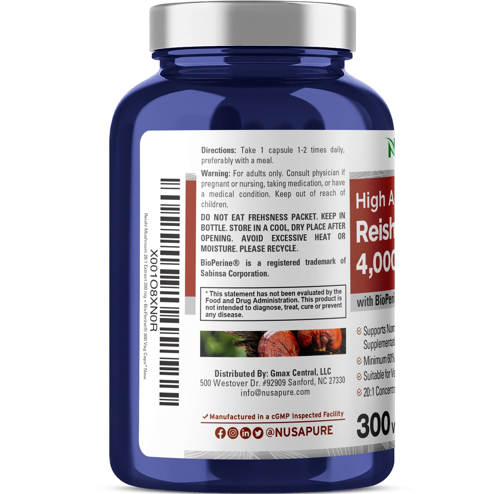 NusaPure Reishi Mushroom Extract 20:1 Extract, 200 mg Equivalent to 4000mg per Capsule 300 Veggie Caps Vegan, Non-GMO, Vegan NusaPureAu supplements