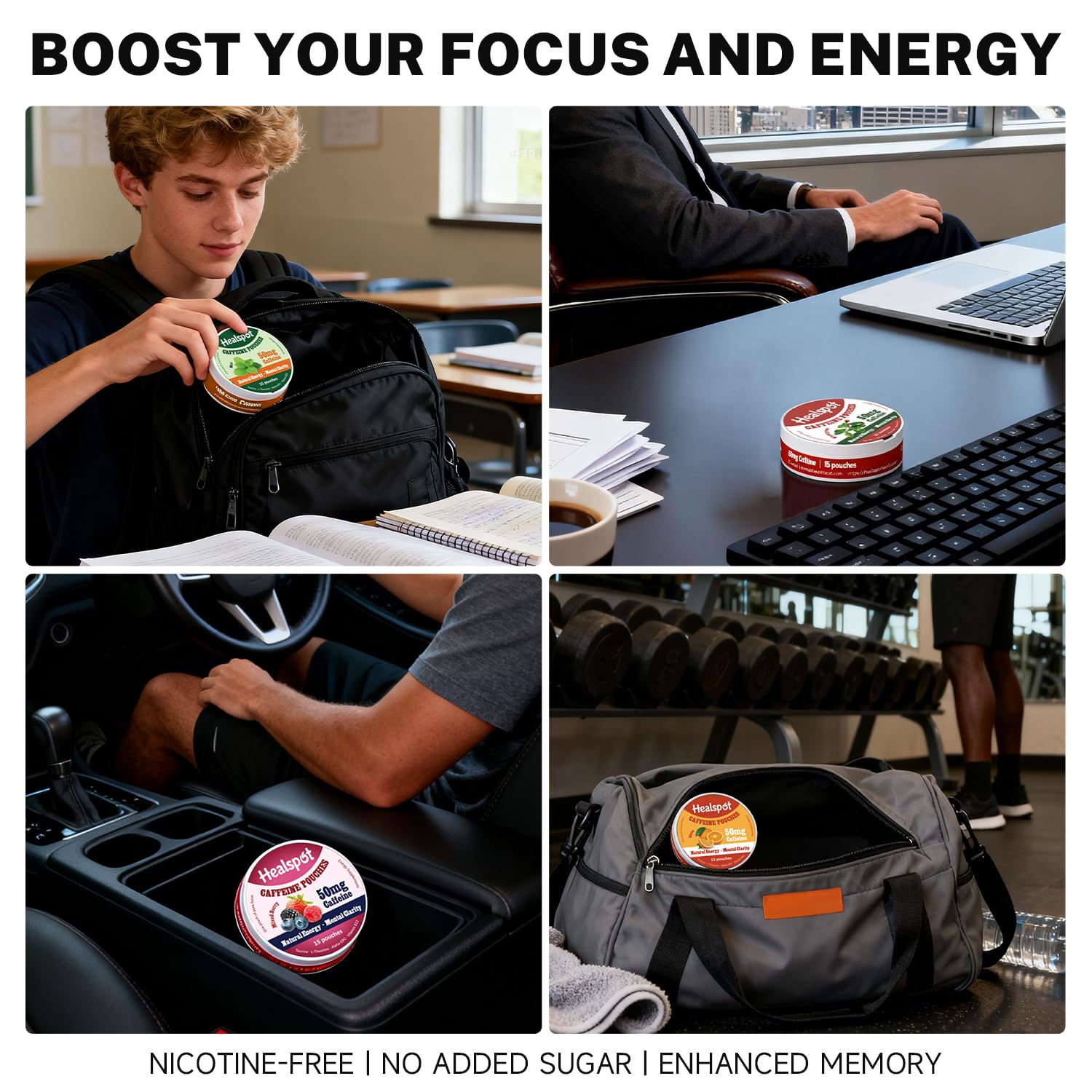 Healspot Nootropic Caffeine Pouches, Energy Pouches with 50mg Caffeine | Taurine | Vitamin B12 | Alpha-GPC | L-Theanine, Focus and Energy Supplements Variety Packs 5 Flavors HealspotAu supplements
