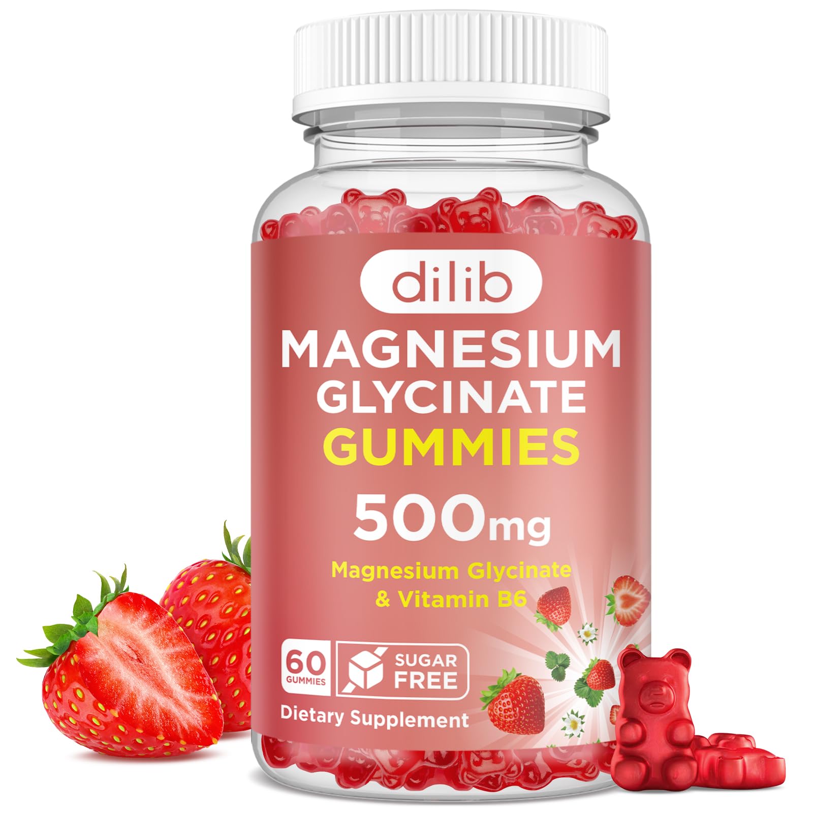 Magnesium Glycinate Gummies 500mg - Magnesium Supplement with Vitamin B6 for Adults & Magnesium for Kids - Calm Magnesium for Sleep, Mood, Muscle Support - Strawberry Flavor, 60 Gummies dilibAu supplements