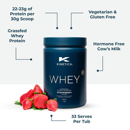Kinetica Premium Whey Protein Powder | Grass Fed | Strawberry | 1kg | 33 Servings KineticaUS supplements