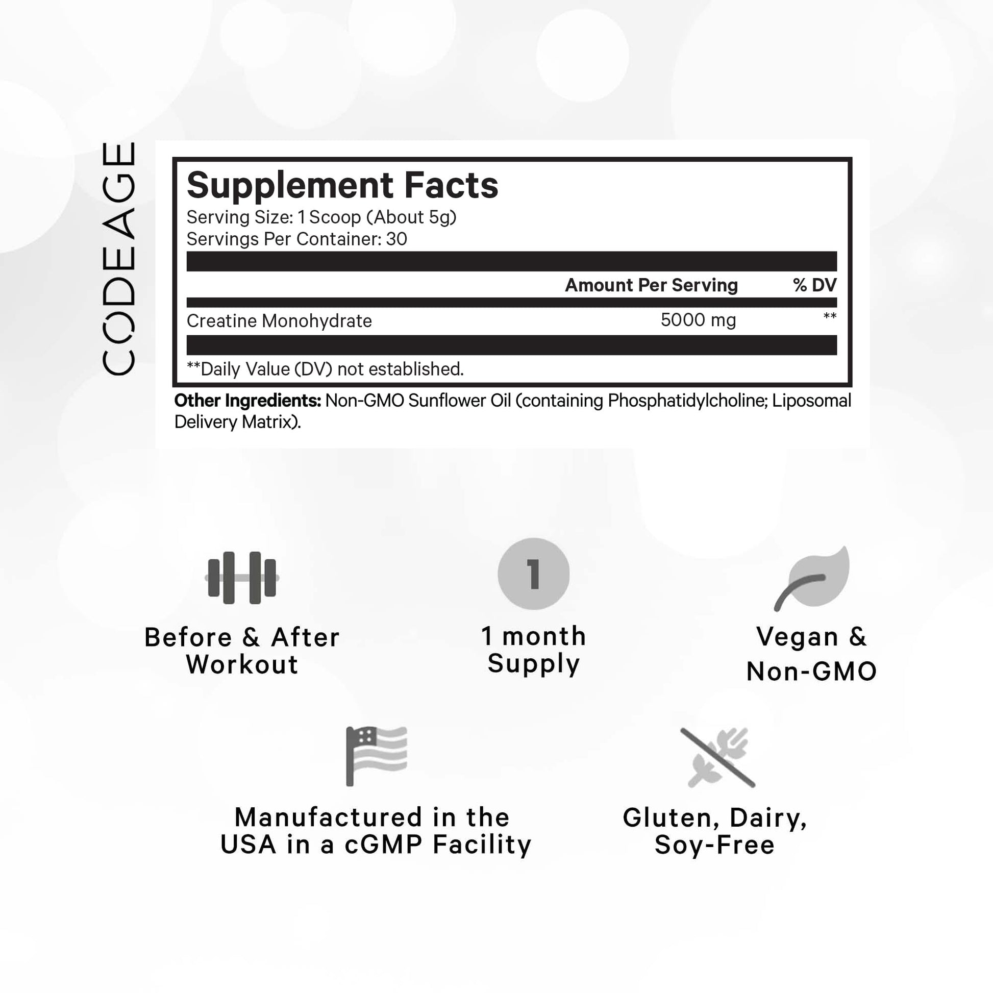 Codeage Liposomal Creatine Powder Supplement, Pure Creatine Monohydrate 5000mg, Pre Workout & Post Workouts - Unflavored Creatine, Micronized Creatine Powder - Creatinine for Sports - 30 Servings CodeageAu supplements