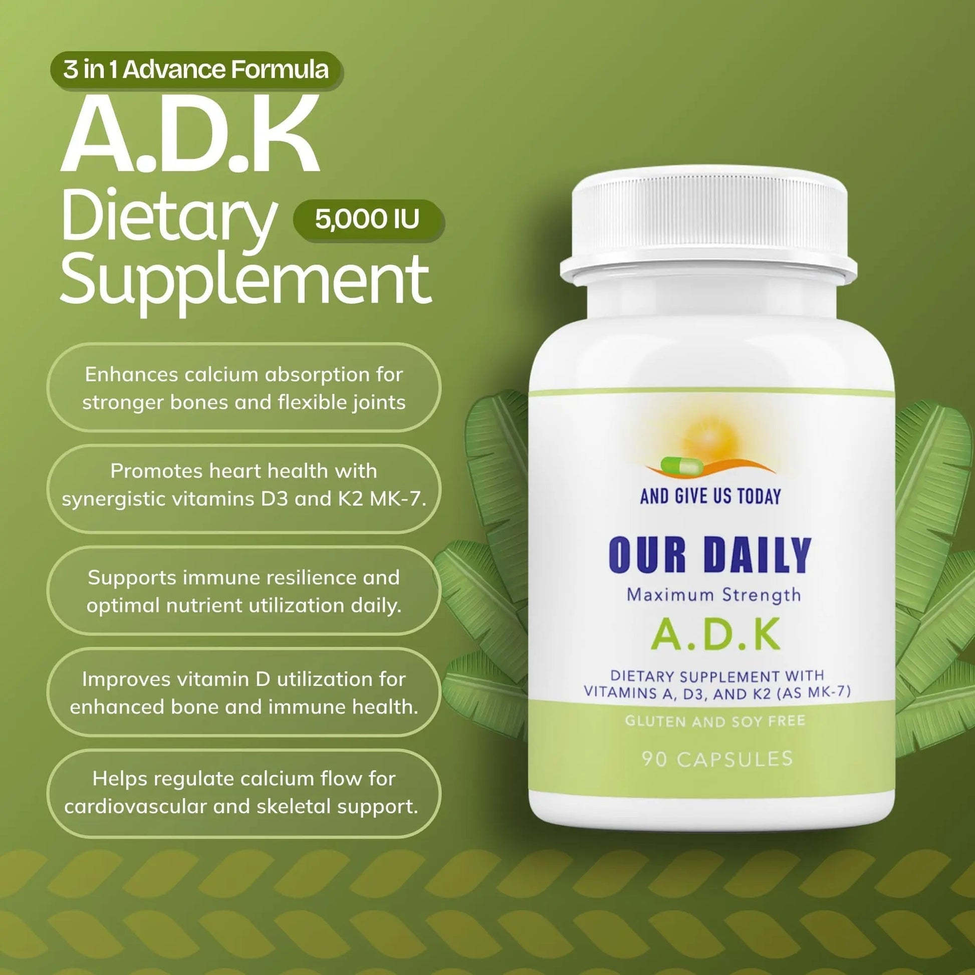 Daily Vites, ADK Vitamin Supplement 5000 IU, 90 Capsules - 3 Months Supply - High Potency Vitamin A, D3 & K2 (MK-7) - Physician Formulated ADK for Bone, Heart AND GIVE US TODAY OUR DAILYAu supplements