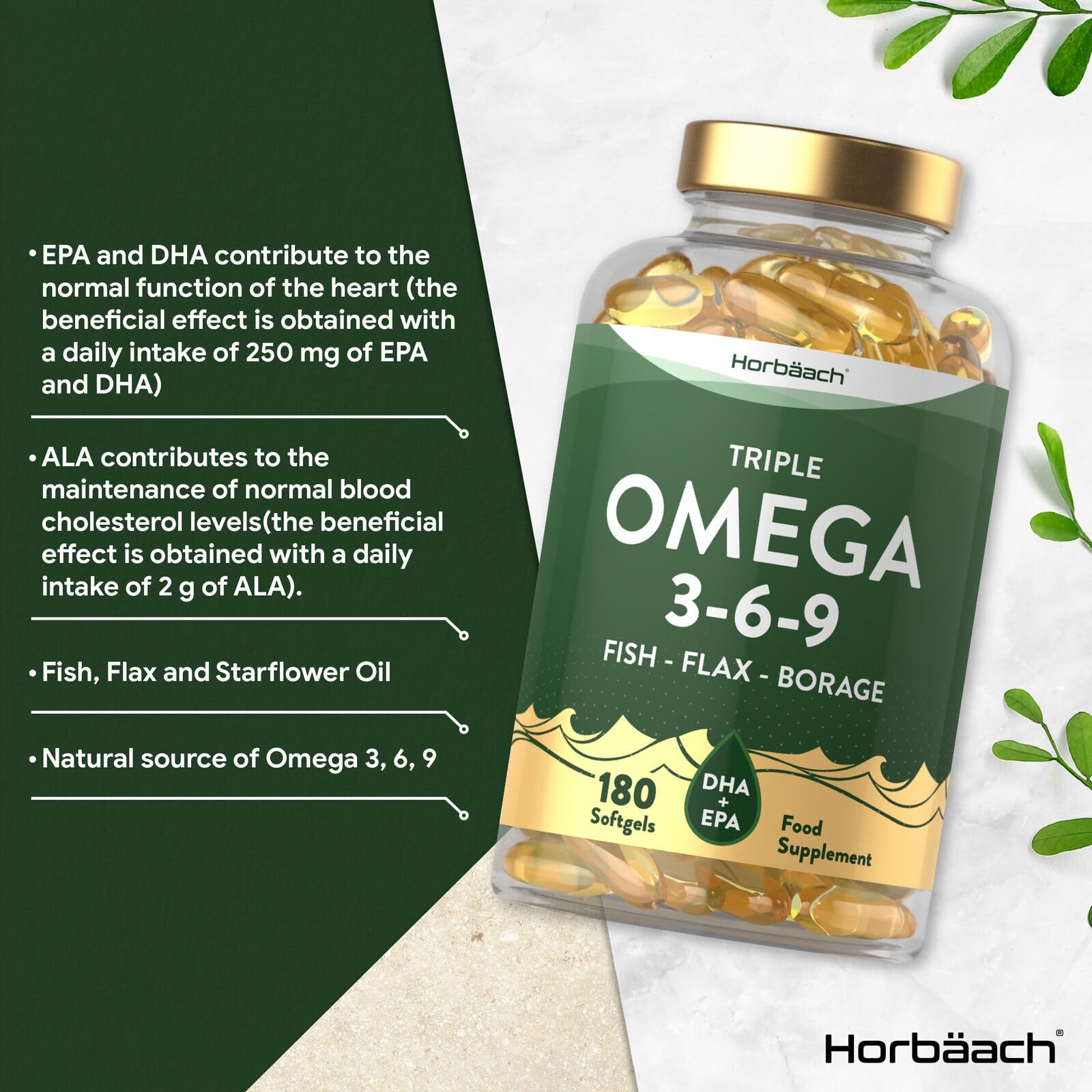 Triple Omega 3 6 9 Capsules | 180 Count | High Strength Supplement with DHA HorbäachUS supplements
