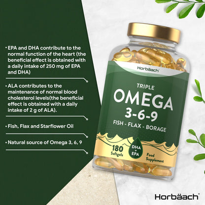 Triple Omega 3 6 9 Capsules | 180 Count | High Strength Supplement with DHA HorbäachUS supplements