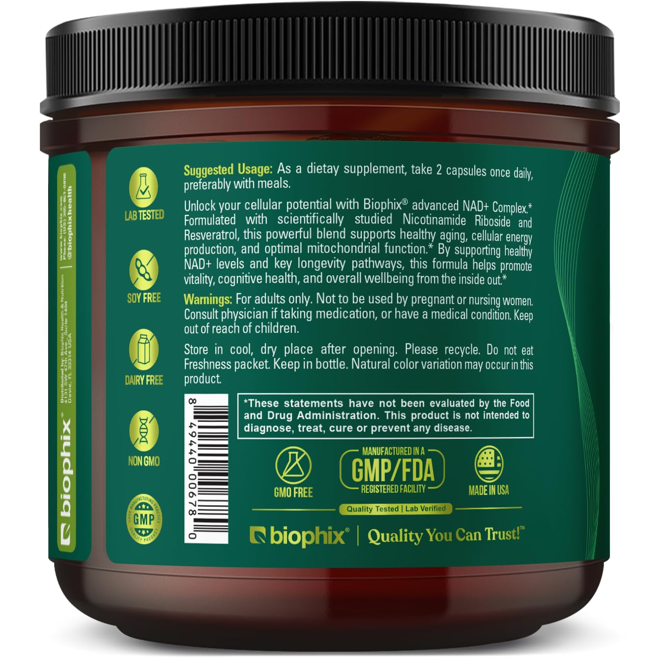 biophix NAD+ Liposomal Supplement for Women & Men - 1000 mg per Serving - Nicotinamide Riboside, Micronized Resveratrol & Quercetin Complex - 100 Veg Capsules - Non-GMO, Gluten-Free, cGMP Certified biophixAu supplements