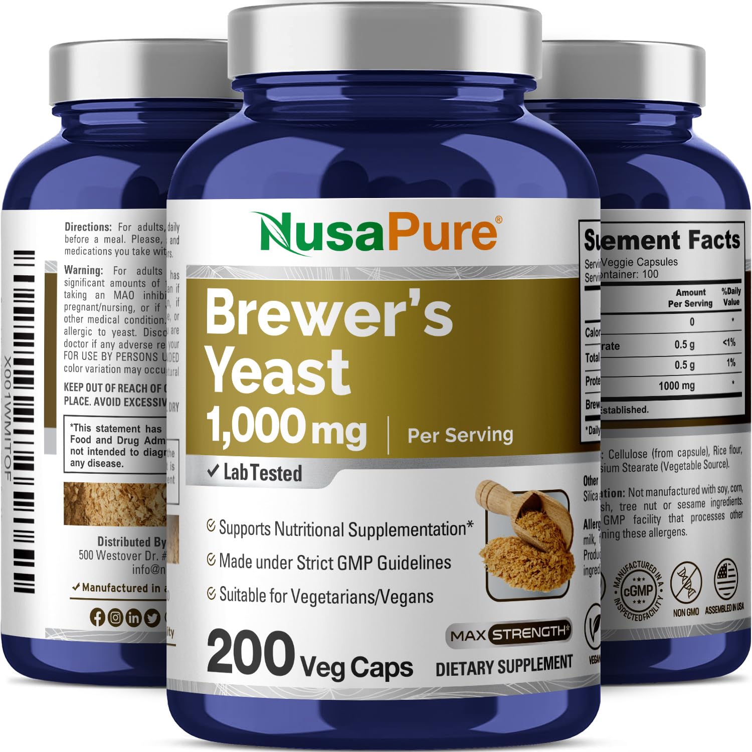 NusaPure Brewer’s Yeast - Suitable for Vegetarian/Vegan, Non - GMO - 1000mg 200 Capsules NusaPureAu supplements