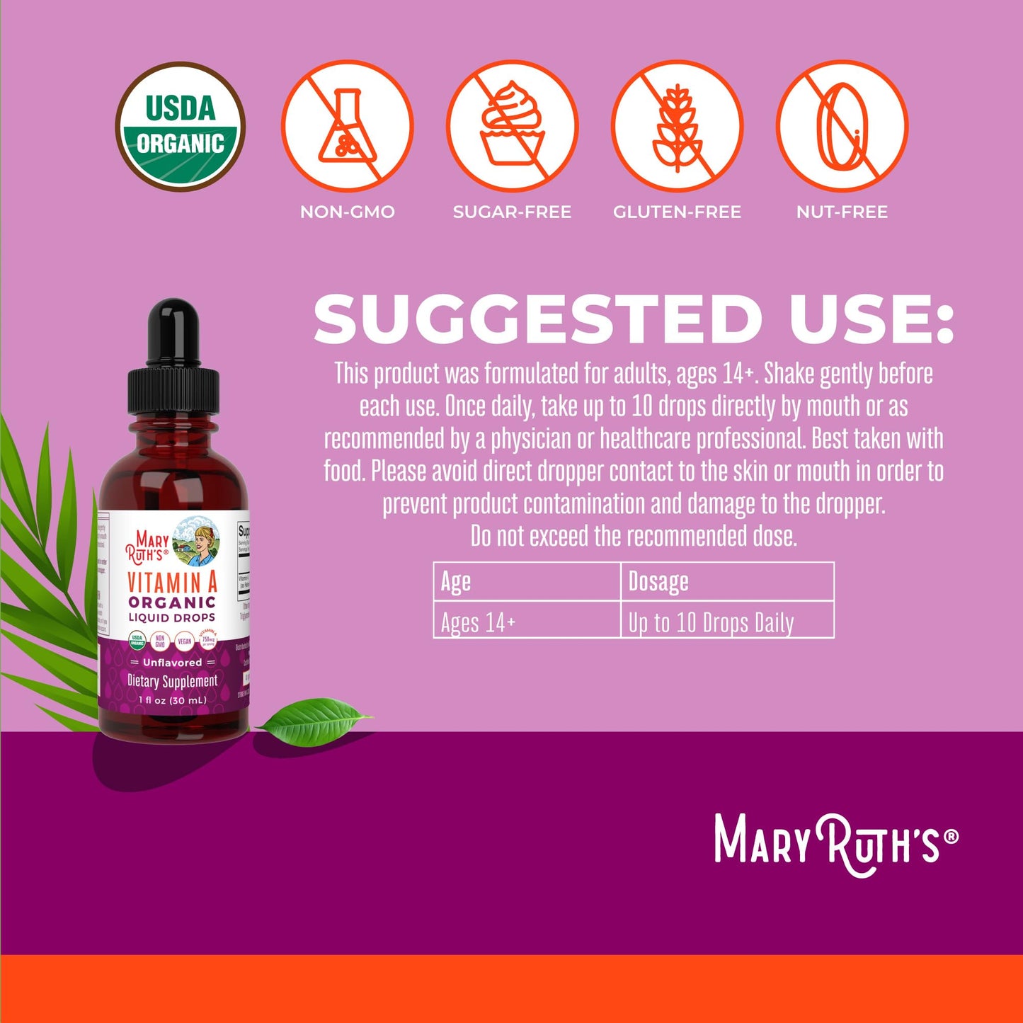 MaryRuth Organics USDA Organic Vitamin A Liquid Drops | 3 Month Supply | Bone Health for Ages 14+ | Essential Vitamin | 750mcg per Serving | Sugar Free | Vegan | Non-GMO | Gluten Free | 1oz MARYRUTH'SUS supplements