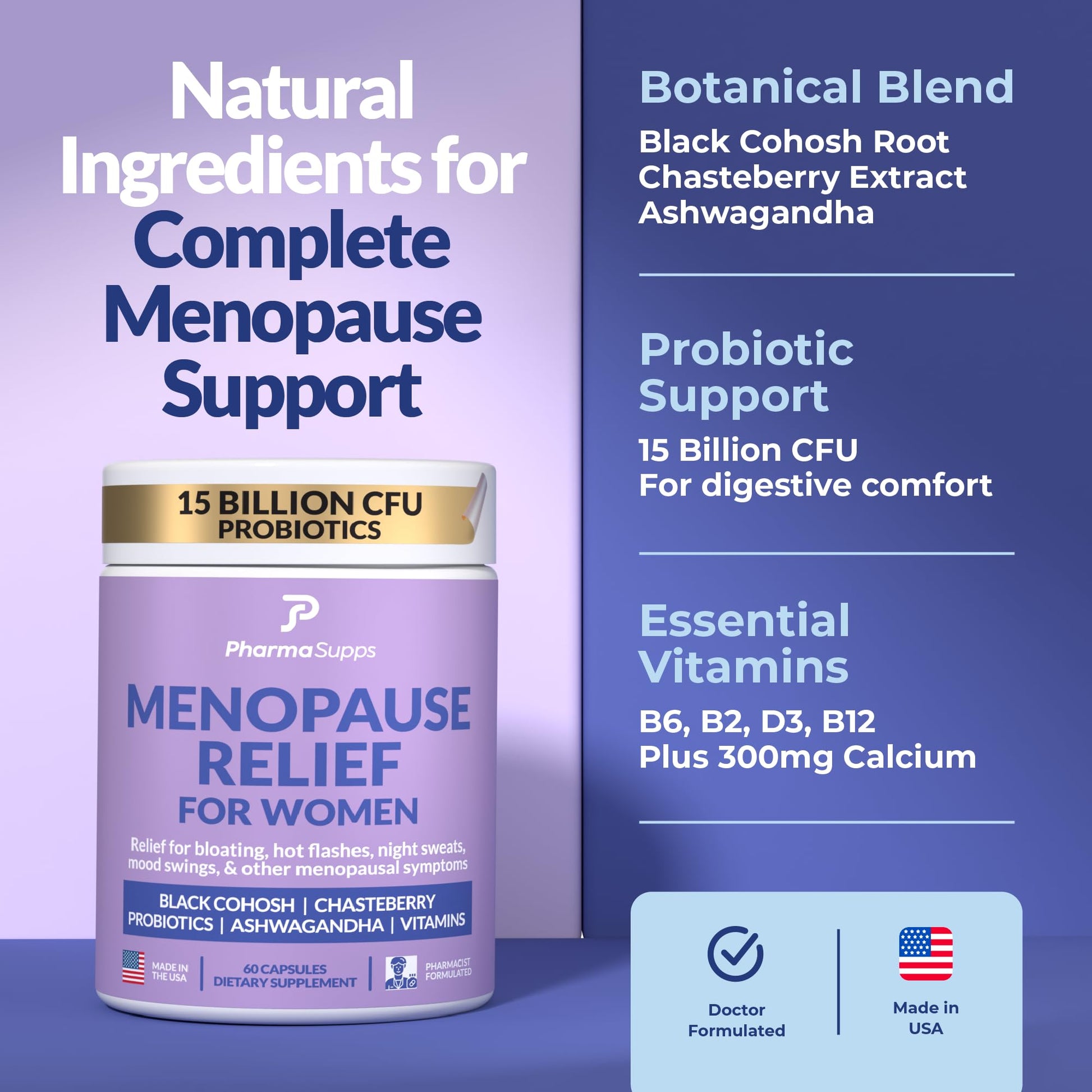 Natural Menopause Supplements for Women - Perimenopause Supplements for Hormonal Balance, Bloating & Mood Swings | Hot Flashes Menopause Relief w/Probiotics & Prebiotics, Black Cohosh & Chasteberry PharmaSuppsAu supplements