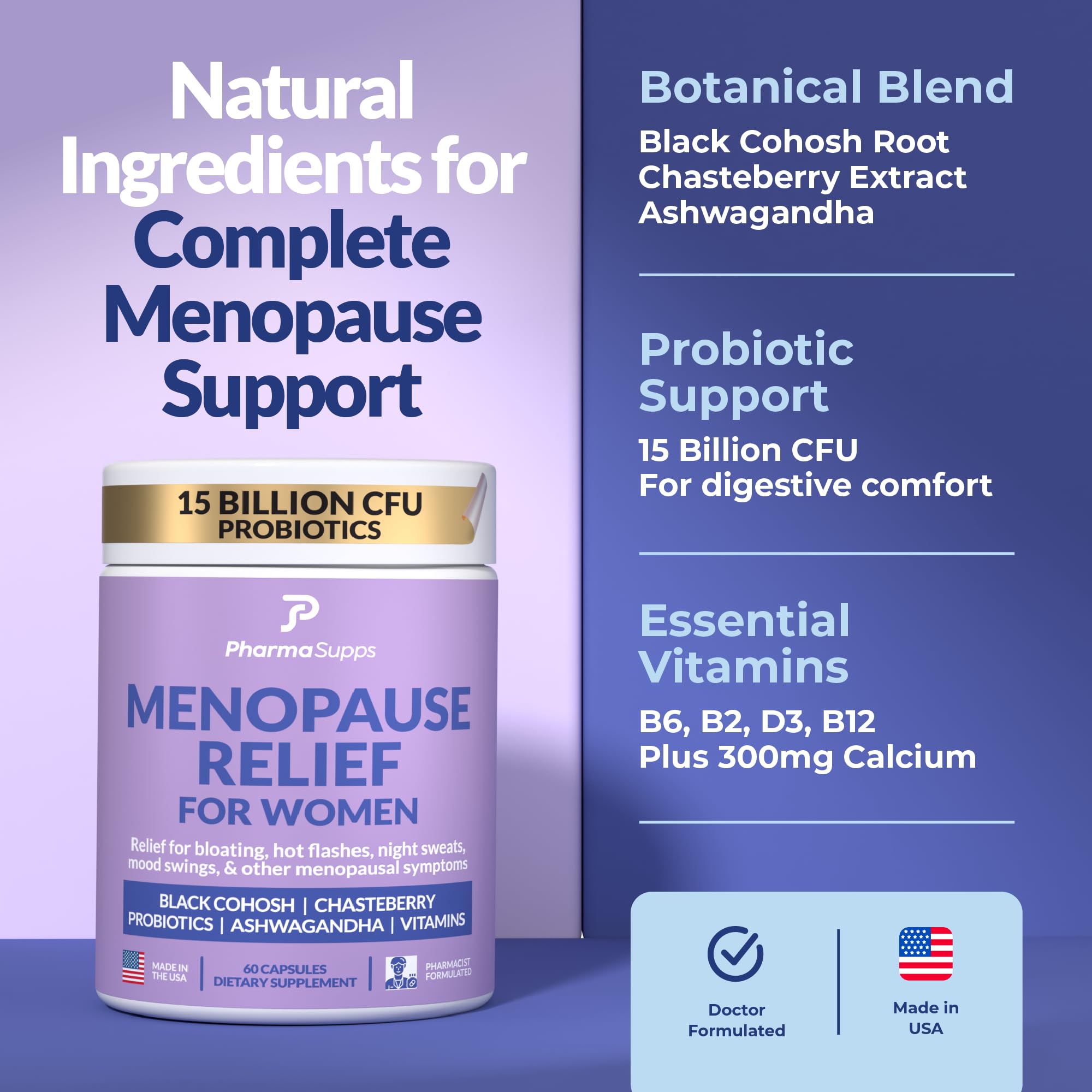 Natural Menopause Supplements for Women - Perimenopause Supplements for Hormonal Balance, Bloating & Mood Swings | Hot Flashes Menopause Relief w/Probiotics & Prebiotics, Black Cohosh & Chasteberry PharmaSuppsAu supplements