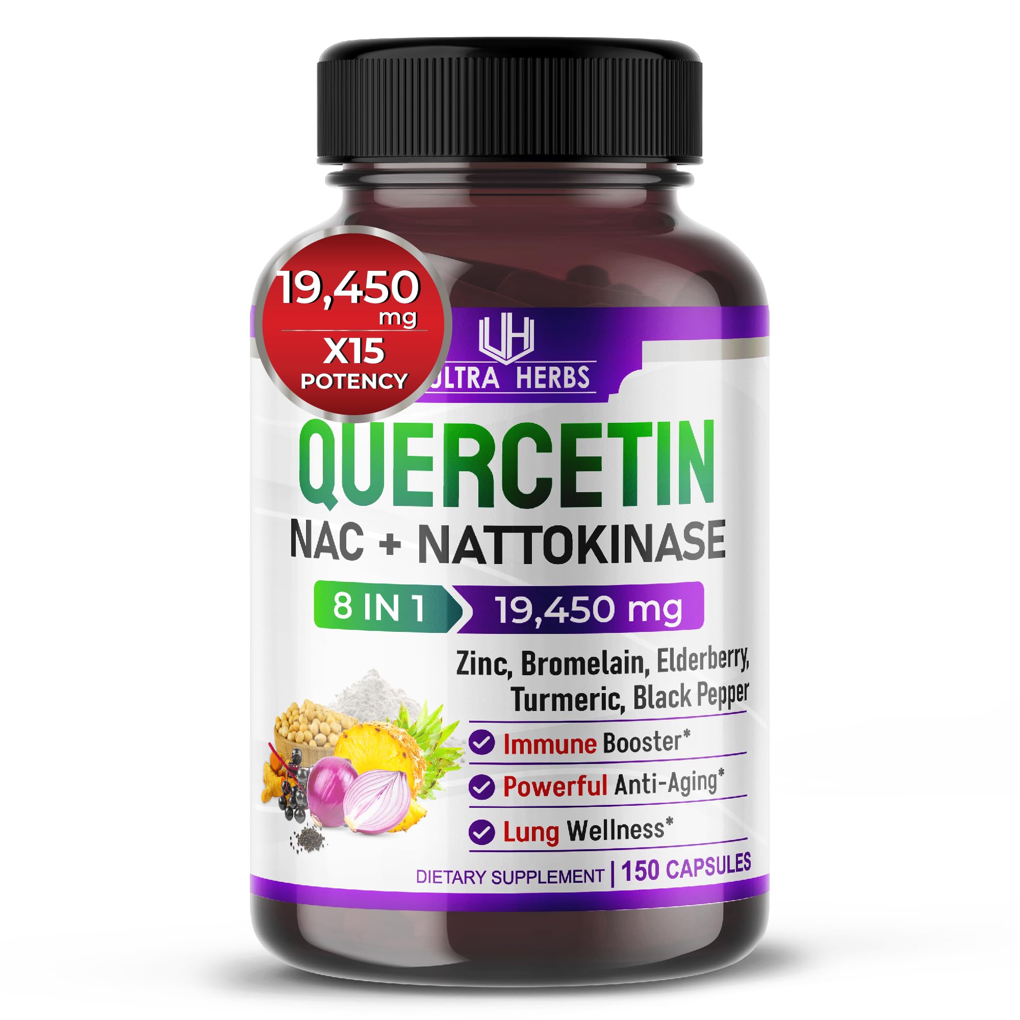 Quercetin 19,450mg 8 IN 1 with NAC, Nattokinase, Zinc, Bromelain, Elderberry, Turmeric ULTRA HERBSUS supplements