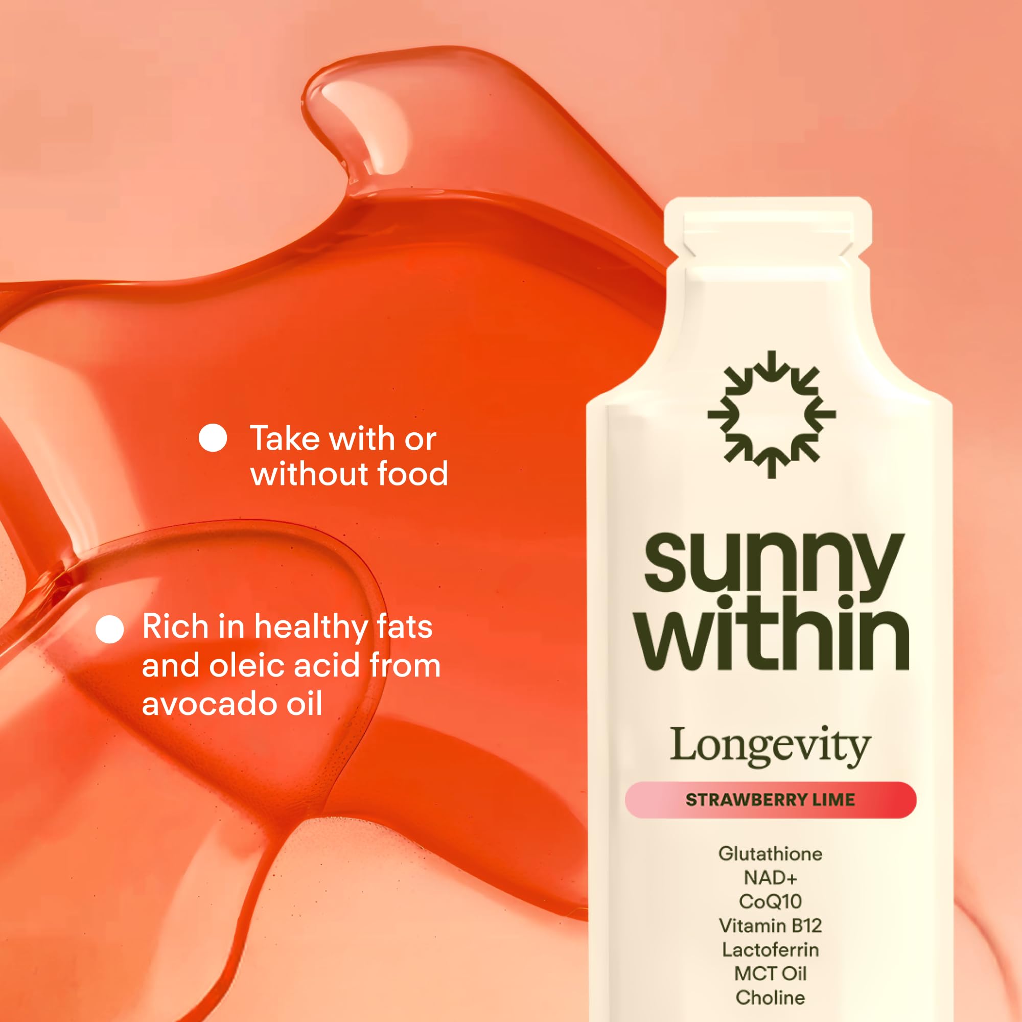 Sunny Within - Liposomal Glutathione Supplement NAD+ Longevity Mix w/Liquid NAD+, CoQ10, B12, MCT & Avocado Oil – Cellular Health, Energy, Brain, Gut & Heart Support* – Strawberry Lime – 30 Pouches Sunny WithinAu supplements