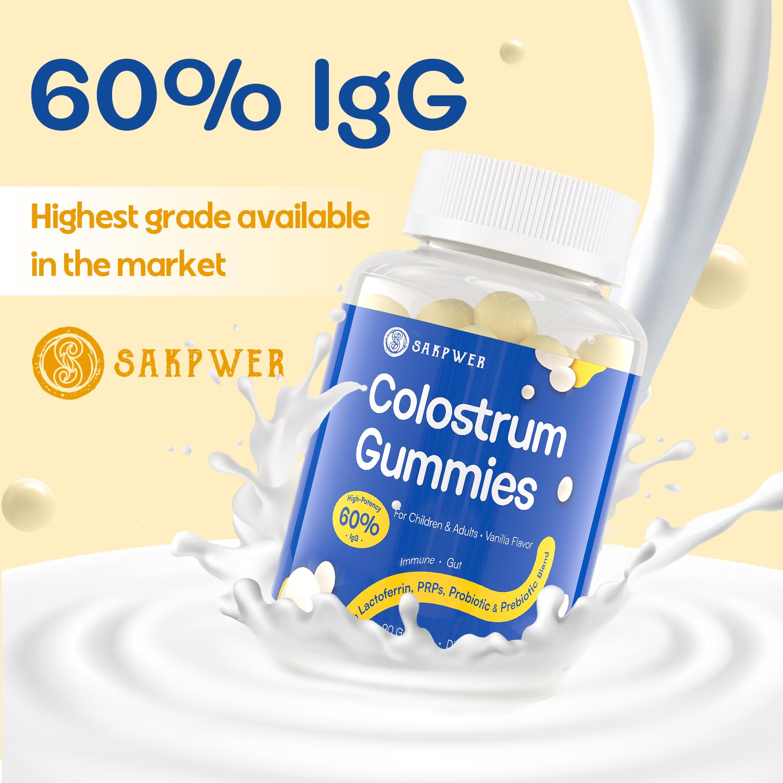 Sakpwer Bovine Colostrum Supplement Gummies - with 60% Highest IgG, Lactoferrin, Probiotics and Prebiotics for Adults and Kids, Vanilla Flavor & Sugar Free, 90 Gummies SakpwerAu supplements