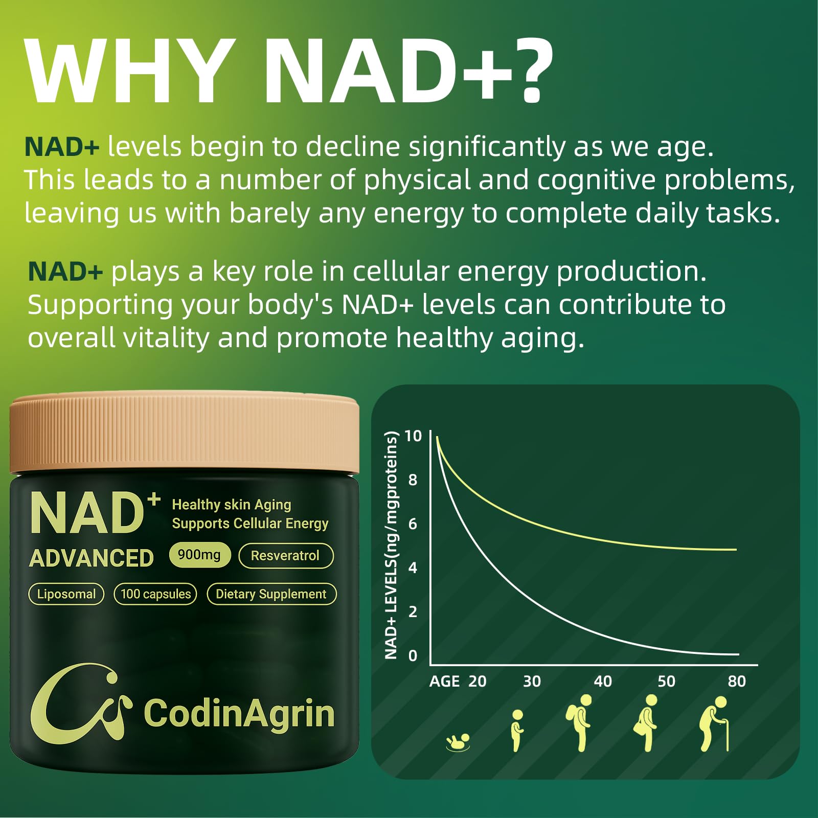 CodinAgrin NAD+ Supplement with Resveratrol 900mg Nicotinamide Adenine Dinucleotide Complex for Cellular Energy Repair, Anti-Aging & Mental Clarity Support, Non-GMO, Vegetarian Friendly, 100 Capsules CodinAgrinAu supplements