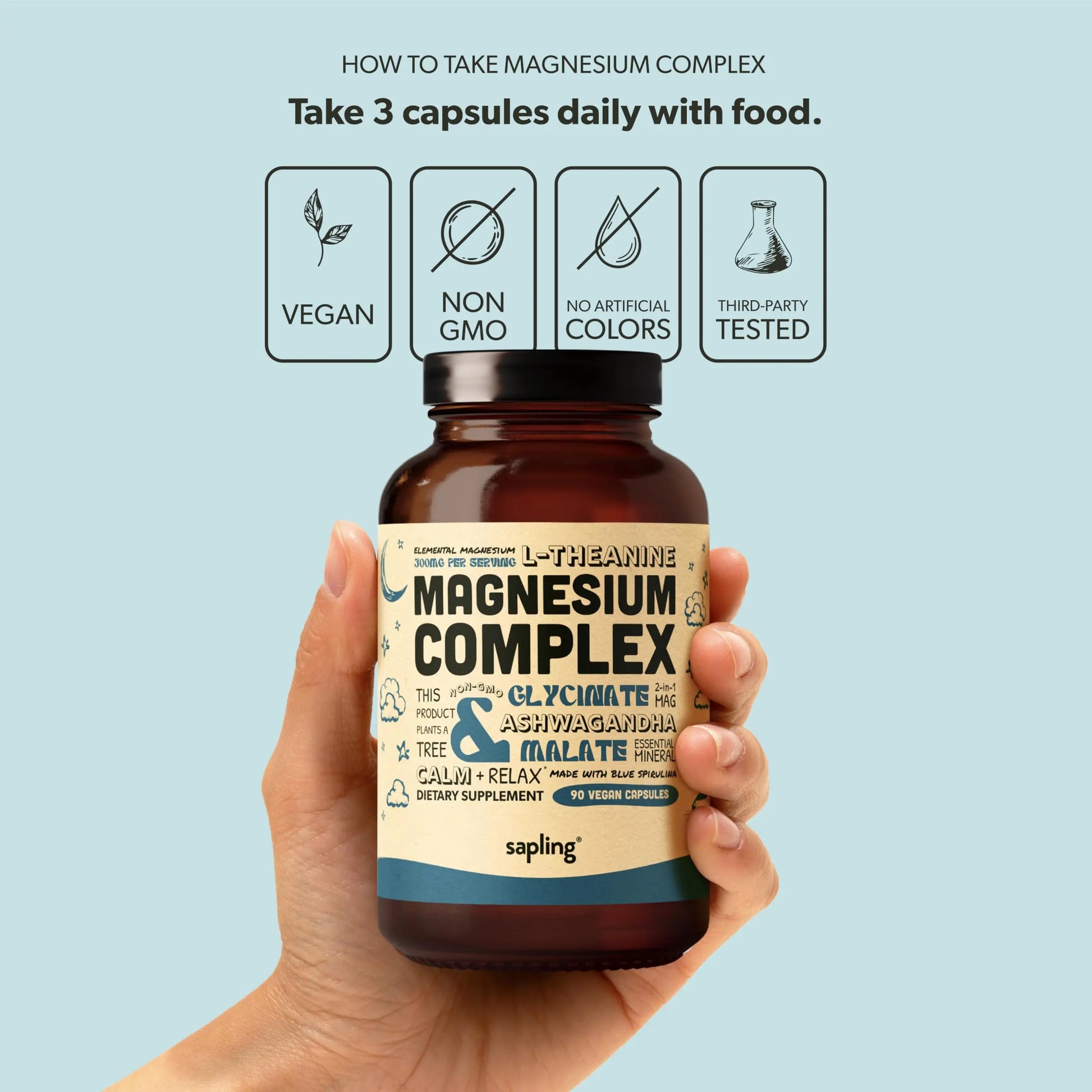 Magnesium Glycinate Complex Supplement - Chelated Magnesium Glycinate with Malate, Organic Ashwagandha, L-theanine & Blue Spirulina - High Absorption, Vegan, Non-GMO, 300mg, 90 Veggie Caps saplingnz supplements