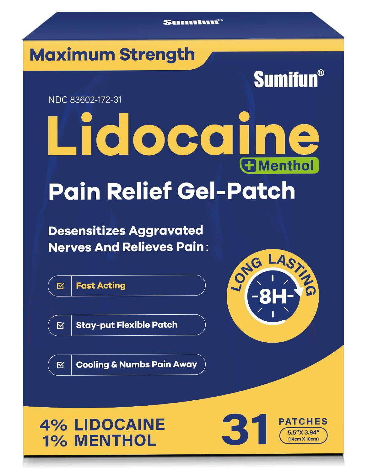 Sumifun Lidocaine Pain Relief Patches - Fast, Targeted Therapy Simple Backache, Soreness, Sprain, Joint Pain with Maximum Strength 4% Lidocaine and 1% Menthol (Large, Count, 31) NDC 83602-172-31 SumifunAu supplements