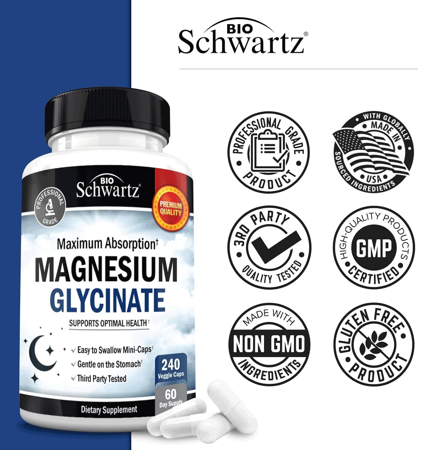 BioSchwartz Magnesium Glycinate 500mg Capsules (240 Mini Caps) Maximum Absorption Magnesium Supplement for Healthy Nerves Muscles Heart Mood and Sleep Support (Vegan, Gluten-Free, Non-GMO) BioSchwartzAu supplements