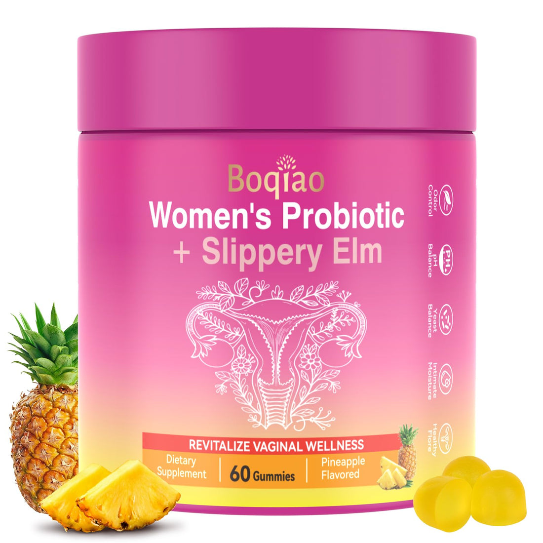 Feminine Probiotics Gummies with Slippery Elm - 60 Pineapple Gummies for Women ph Balance, Vaginal Probiotics Supports Flora, Gut Health & Immune System, Prebiotics & Lactobacillus Blend (Pineapple) BoqiaoAu supplements