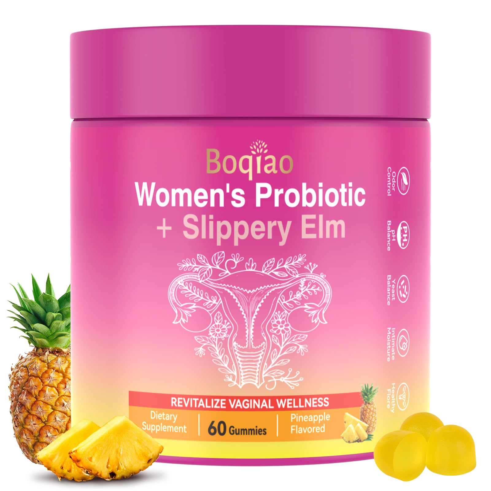 Feminine Probiotics Gummies with Slippery Elm - 60 Pineapple Gummies for Women ph Balance, Vaginal Probiotics Supports Flora, Gut Health & Immune System, Prebiotics & Lactobacillus Blend (Pineapple) BoqiaoAu supplements