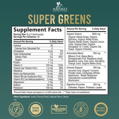 Greens Superfood Powder Supplement - Super Green Smoothie Mix Blend with Spirulina Nature's NutritionUS supplements