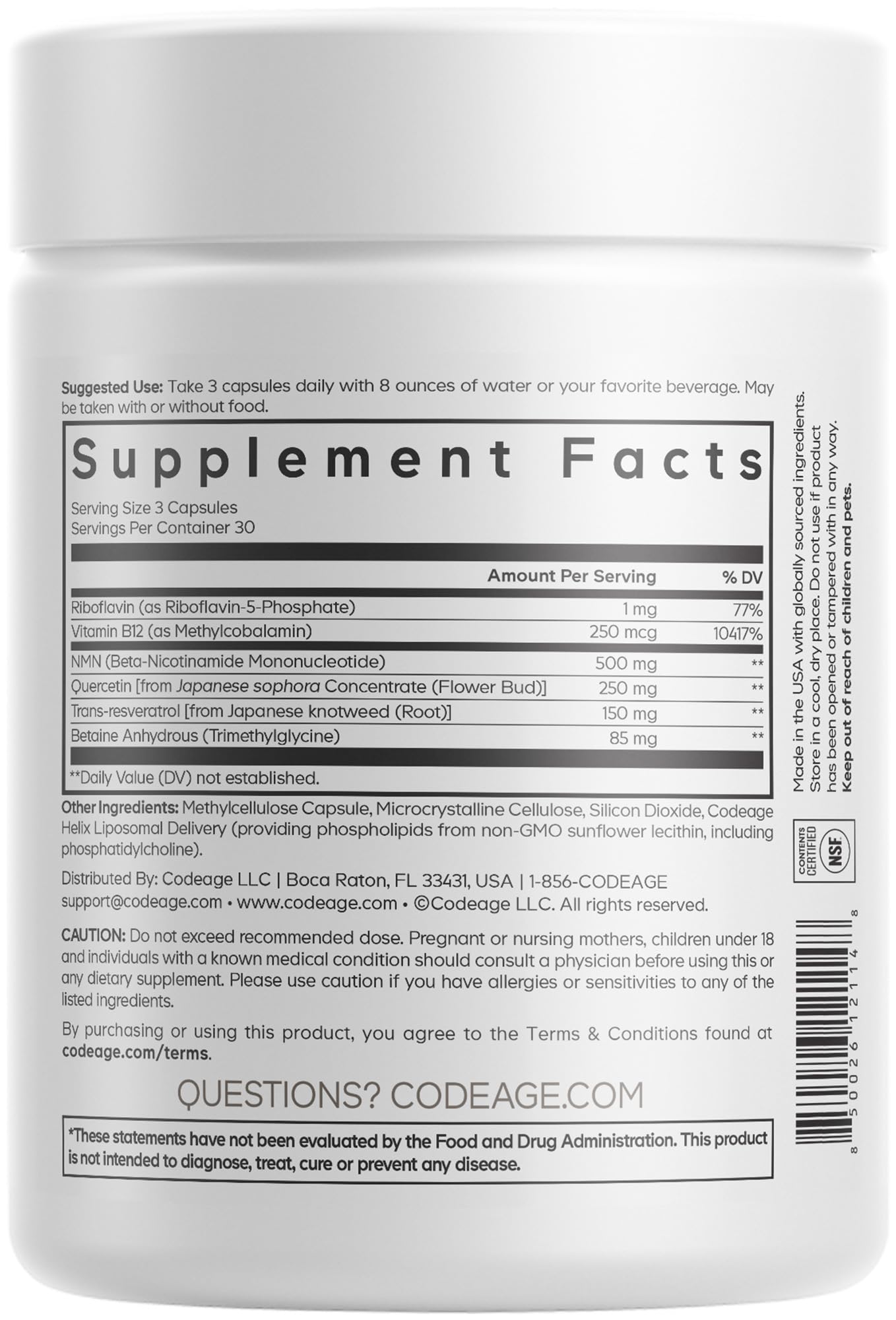Codeage Liposomal NMN Platinum - 500 mg NMN Supplement, Nicotinamide Mononucleotide, NAD Precursor - Quercetin, Resveratrol, Betaine TMG, Vitamin B2 Riboflavin & Vitamin B12 - Non-GMO - 90 Capsules CodeageAu supplements
