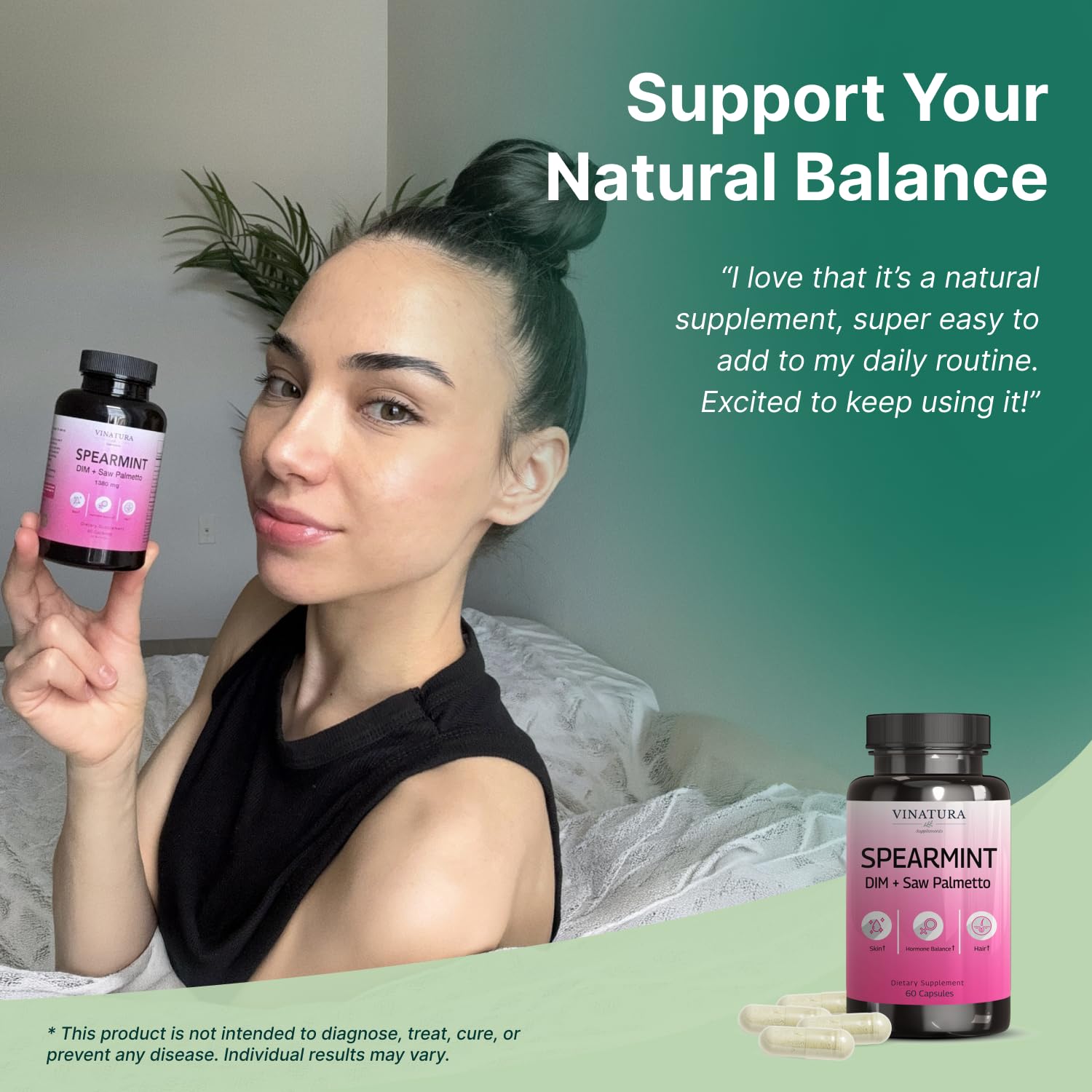 VINATURA Spearmint Leaf Capsules Supplement - Enhanced with DIM & Saw Palmetto, for Unwanted Hair, Women' Health & Skin *USA Made & Tested* - 1380mg/serving, 60 Capsules (30 Servings) VINATURAAu supplements