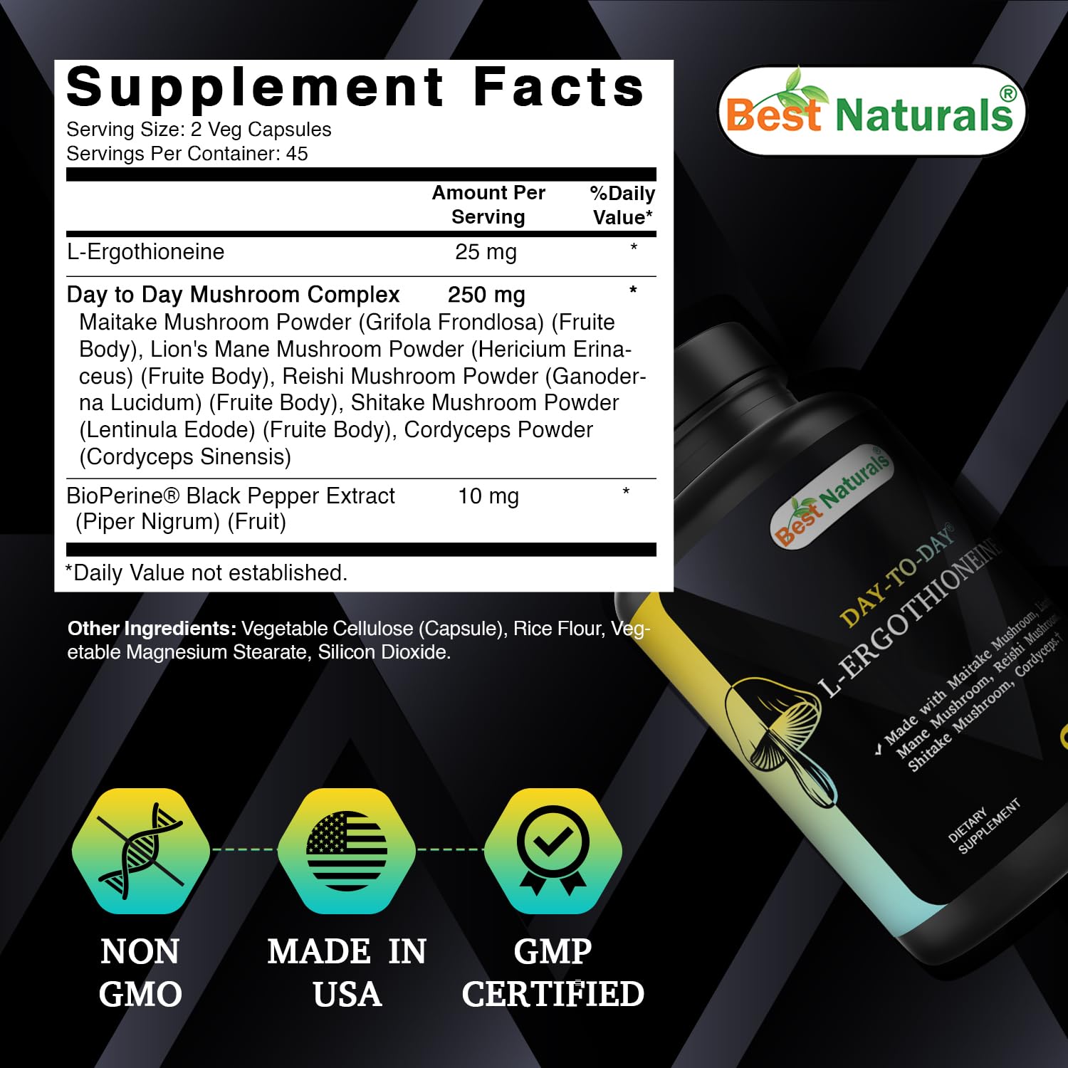 Best Naturals Day-to-Day L-Ergothioneine 25 mg with Maitake Mushrom, Lion's Mane Mushroom, Reishi Mushroom 90 Capsules Best NaturalsAu supplements