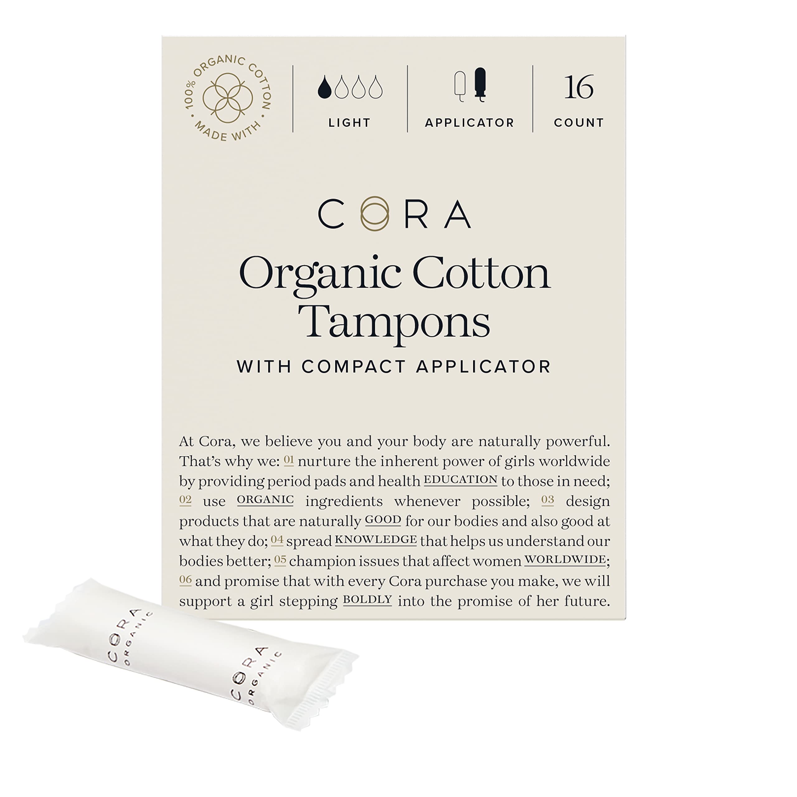 Cora Organic Applicator Tampons | Light Absorbency | 100% Cotton Core, Unscented, BPA-Free Compact CoraAu supplements