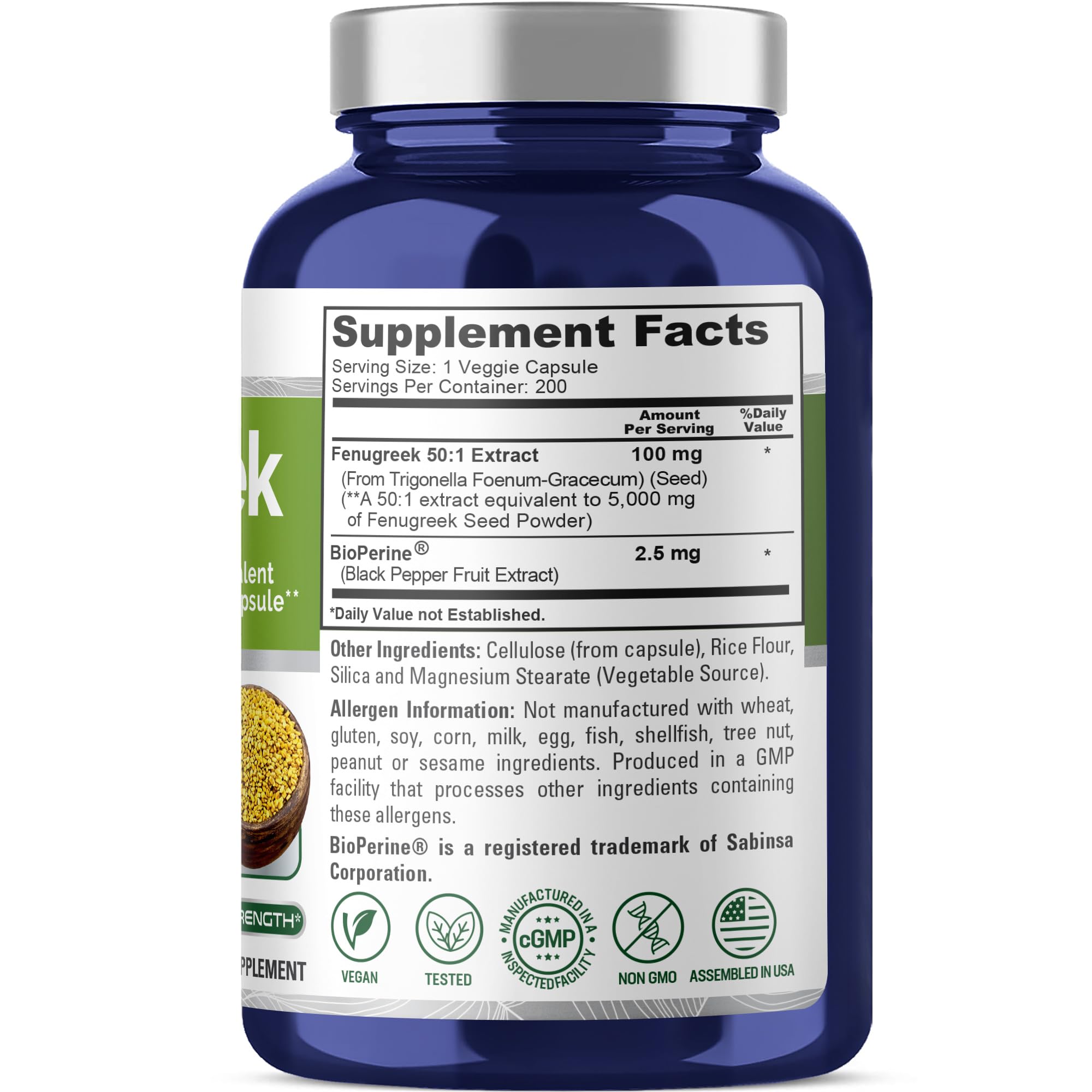NusaPure Fenugreek Capsules, 50:1 Extract, 100 mg Equivalent to 5,000mg, 200 Veggie Caps, Non-GMO, Vegan NusaPureAu supplements