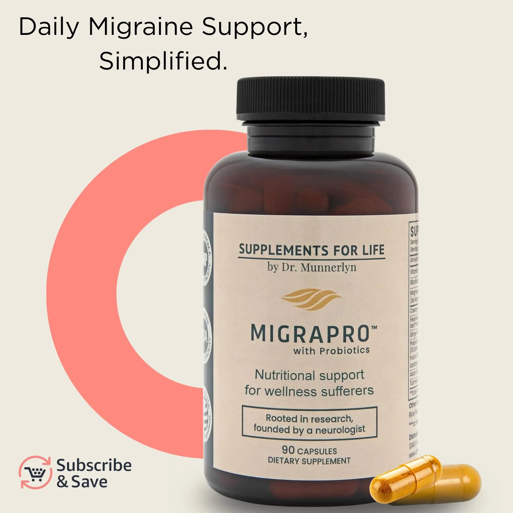 Dr. Munnerlyn MigraPro with Probiotics, Brain and Gut Health Support Supplement with Magnesium, Riboflavin, CoQ10, Ginger Root, Asian Ginseng, Vitamin C, Feverfew & Turmeric, Gluten Free, 90 Capsules Dr. Munnerlynnz supplements