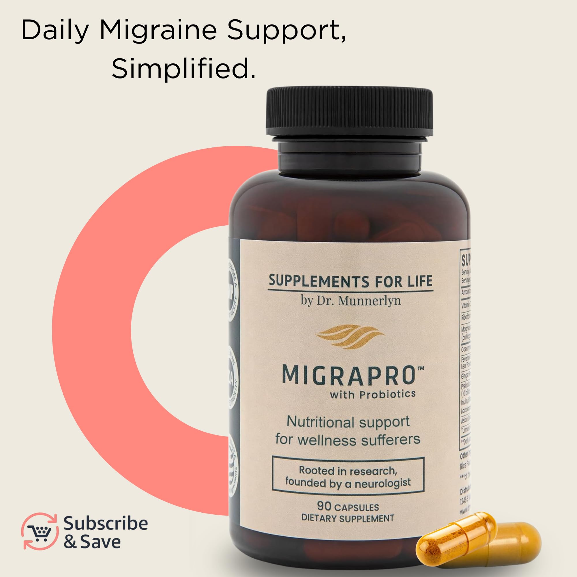 Dr. Munnerlyn MigraPro with Probiotics, Brain and Gut Health Support Supplement with Magnesium, Riboflavin, CoQ10, Ginger Root, Asian Ginseng, Vitamin C, Feverfew & Turmeric, Gluten Free, 90 Capsules Dr. MunnerlynAu supplements