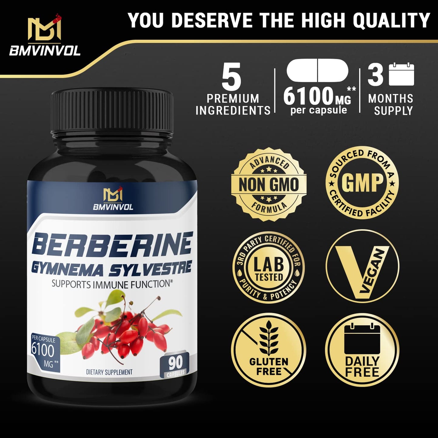 BMVINVOL 5-in-1 Berberine Supplement 6100mg with Ceylon Cinnamon, Gymnema BMVINVOLUS supplements