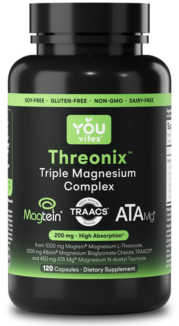 You Vites Threonix Triple Magnesium Complex - Magtein L-Threonate, Bisglycinate Chelate TRAACS & ATA Mg - Brain, Sleep, Mood & Focus Support - High Absorption, Gentle on Stomach - 120 Capsules You VitesAu supplements