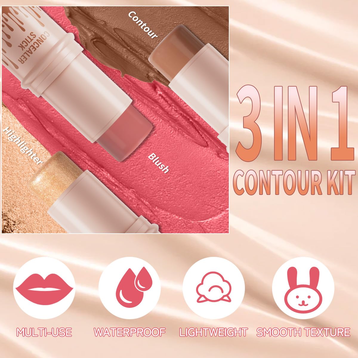 3Pcs Cream Contour Sticks Kit, Highlighter Stick Blush Stick Cream Contour Kit Makeup Set with Brush,Face Brightens & Shades Contour Stick Waterproof for Women QICAu supplements