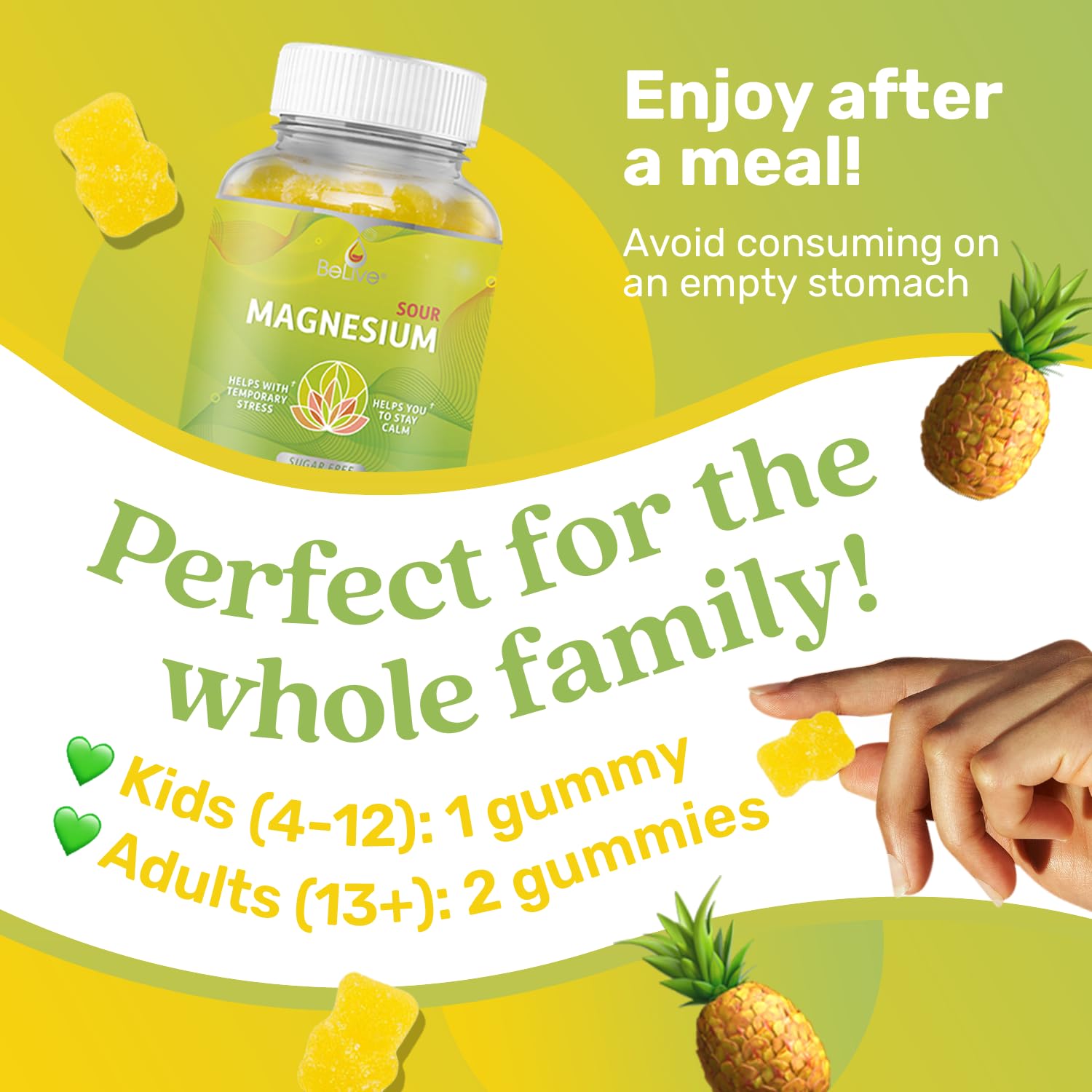 BeLive Magnesium Gummies 200mg - 60 Ct | Magnesium Glycinate Supplements for Relaxation, Stress Relief, and Sleep for Adults & Kids - Tasty and Tangy Pineapple Flavor BeLiveAu supplements
