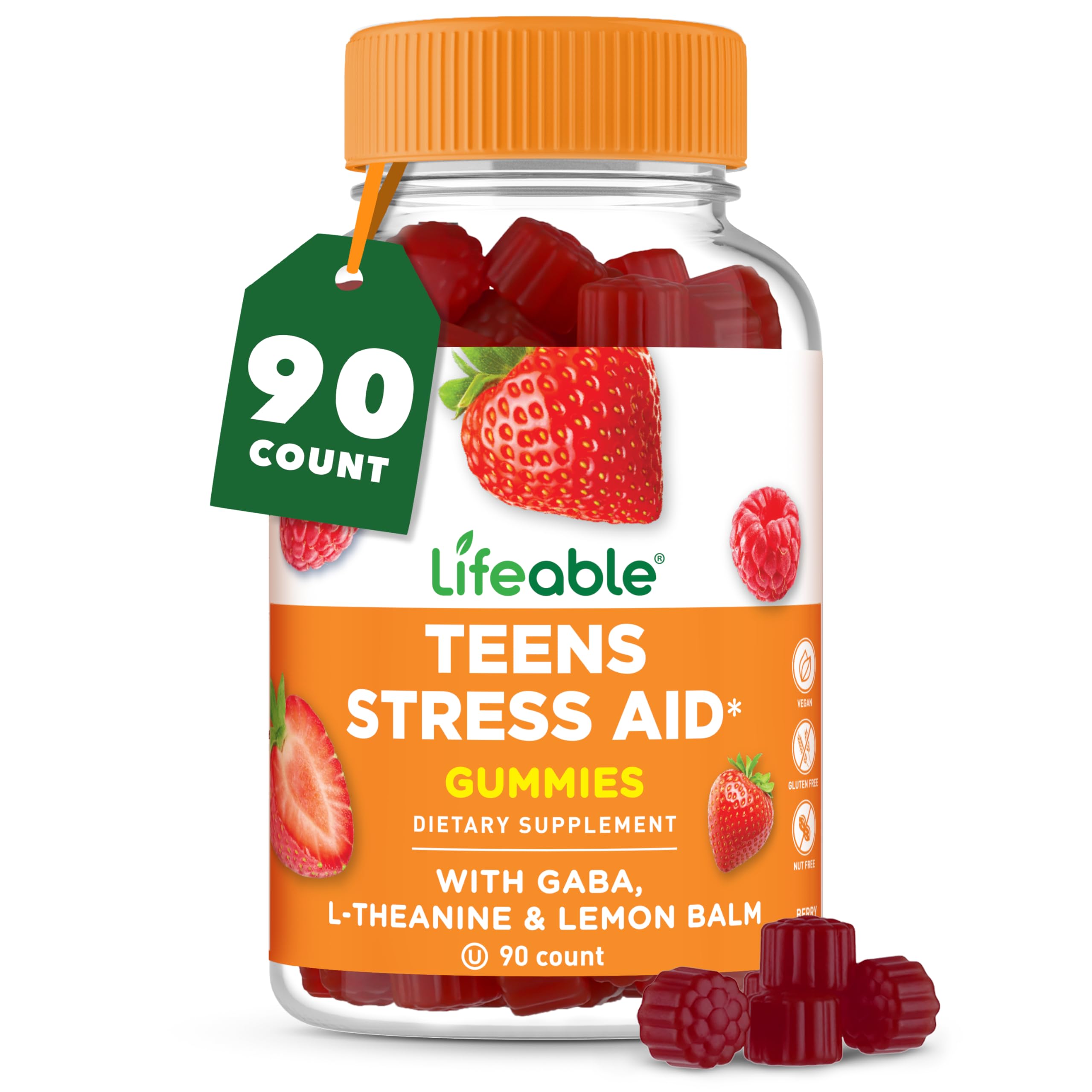 Lifeable Stress Aid Gummies for Teens | with Lemon Balm, GABA and L Theanine Supplements | Vegan Non GMO Mood Support Supplement | Great Tasing Stress Vitamins | L-Theanine for Teen | 90 Gummies LifeableAu supplements