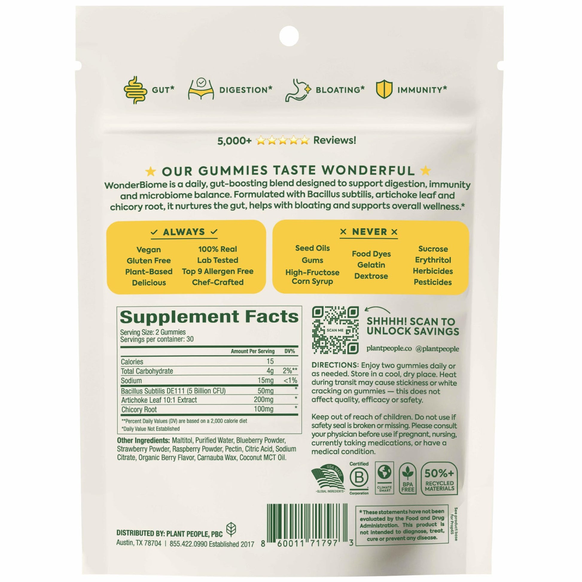 Plant People WonderBiome 2-in-1 Prebiotic + Probiotic Gummies – Zero-Sugar Vegan Digestive Health & Bloating Relief – 5 Billion CFU Bacillus Subtilis DE111 + Artichoke & Chicory – 60 Count Plant PeopleAu supplements