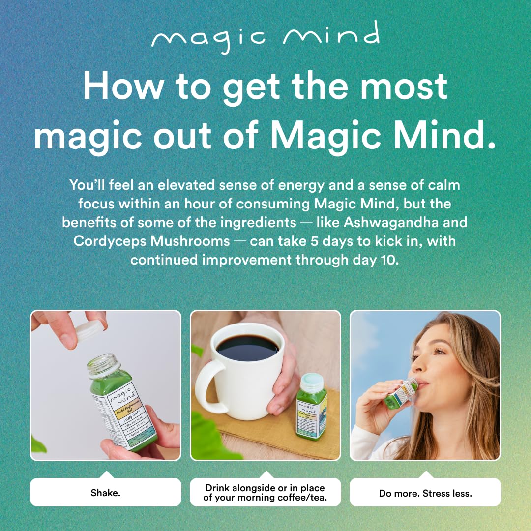 Magic Mind Focus Energy Drink Shots - No Jitters, Stress Relieving, Ashwagandha, Functional Mushrooms, Matcha Green Tea, Vitamin B12, Vitamin C - 2 FL Oz (5 Pack) Magic MindAu supplements