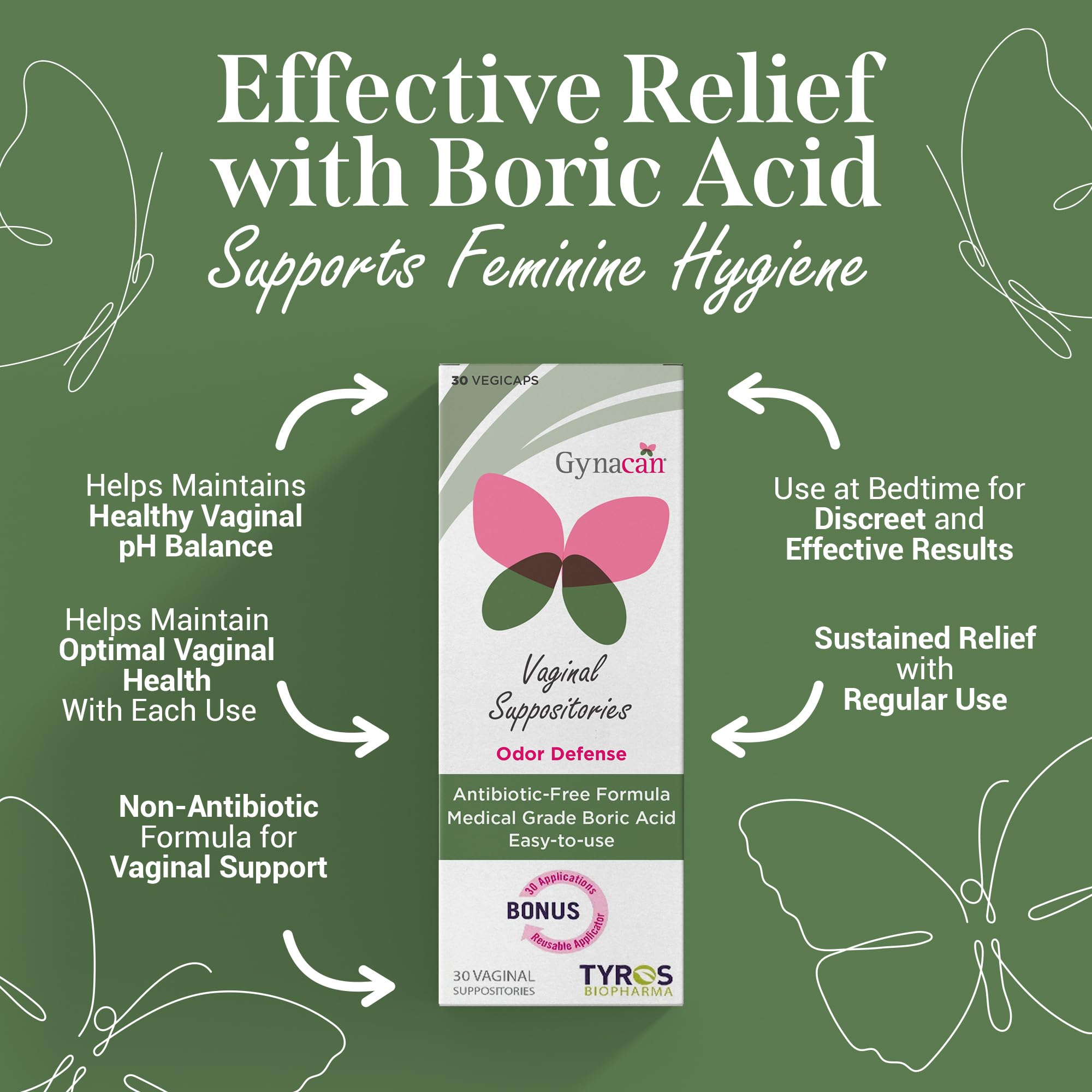 Gynacan Boric Acid Suppositories for Women - pH Balance Vaginal Treatment for Women Odor Prevention, Pure Formula, No-Mess Applicator, Gentle & Effective GynacanUS supplements