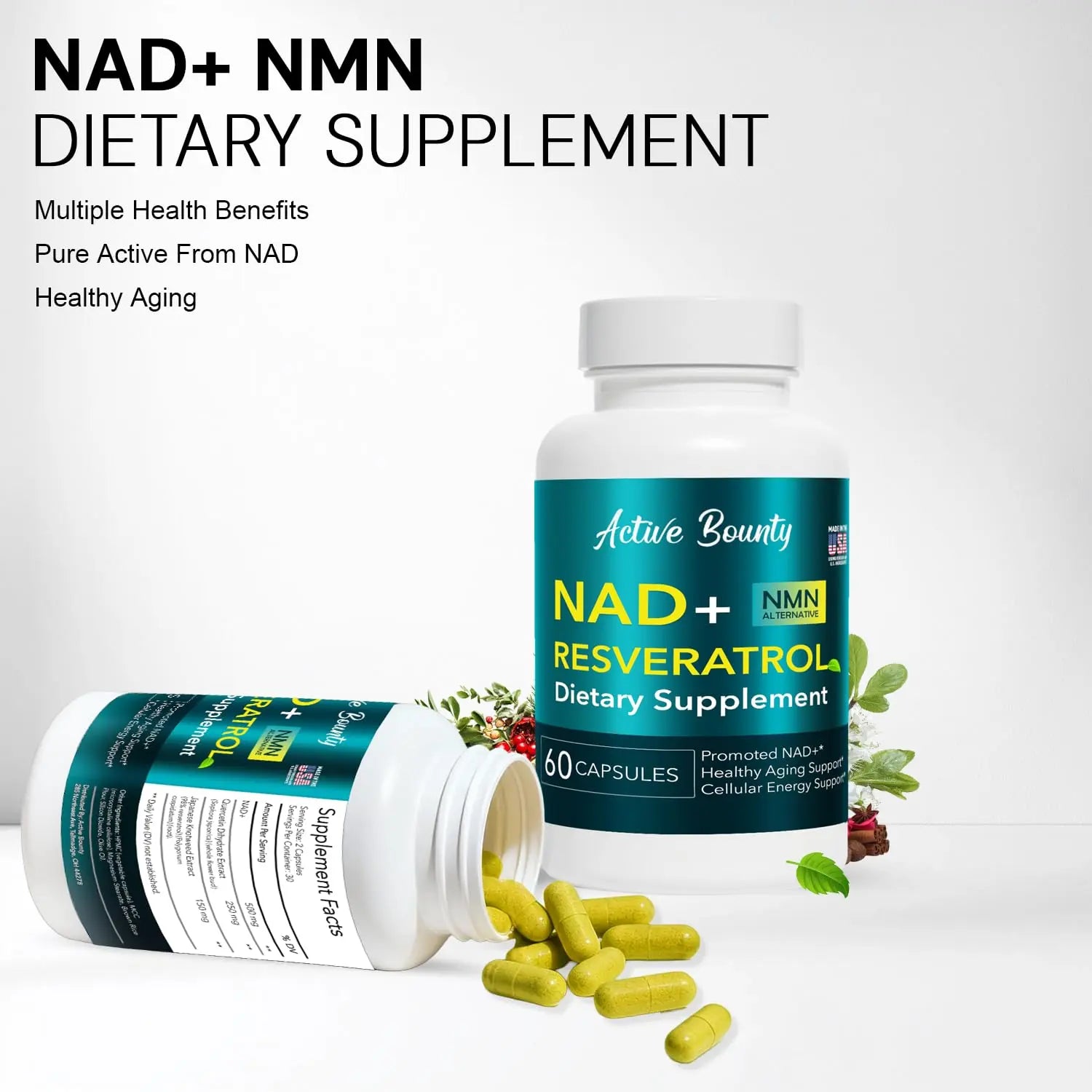 NAD+ Resveratrol Supplement with Quercetin – NMN Alternative for Cellular Energy Support, Focus & Healthy Aging – High Potency 500mg NAD+ Formula, Vegan, Non-GMO, Gluten-Free, Made in USA, 60 Capsules Active Bountynz supplements